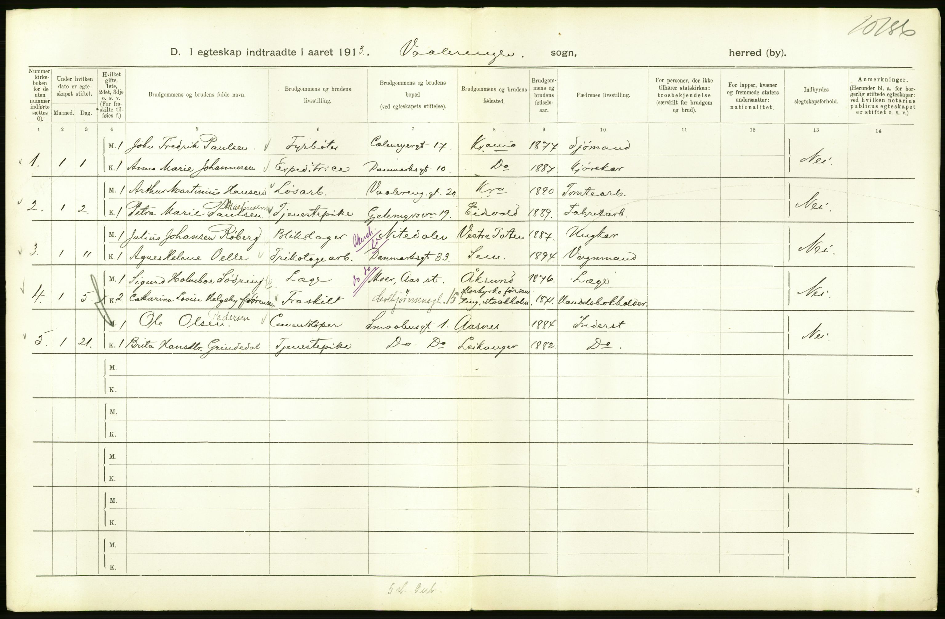 Statistisk sentralbyrå, Sosiodemografiske emner, Befolkning, RA/S-2228/D/Df/Dfb/Dfbc/L0008: Kristiania: Gifte., 1913, p. 90