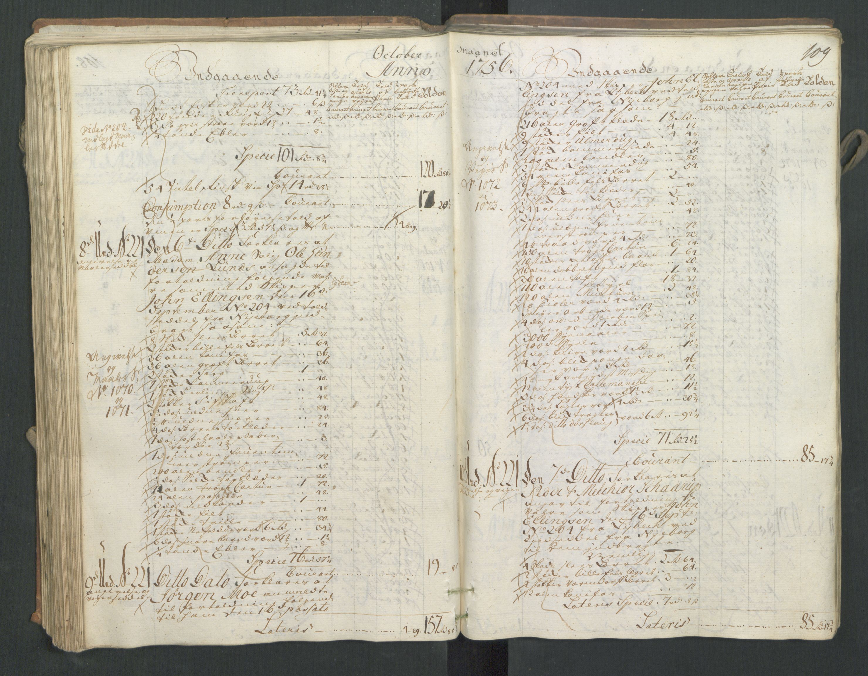 Generaltollkammeret, tollregnskaper, AV/RA-EA-5490/R16/L0033/0001: Tollregnskaper Kristiansand / Inngående hovedtollbok, 1756, p. 108b-109a