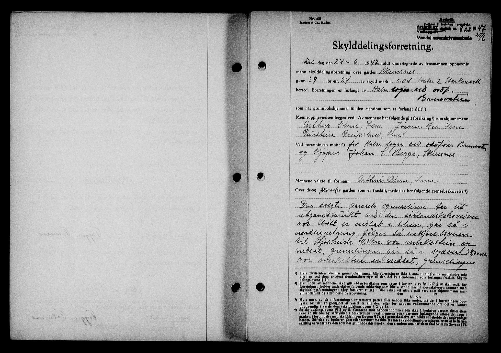 Mandal sorenskriveri, SAK/1221-0005/001/G/Gb/Gba/L0078: Mortgage book no. A-15, 1947-1947, Diary no: : 822/1947