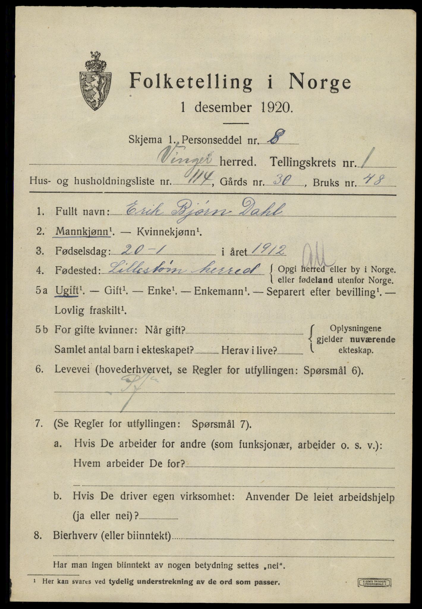 SAH, 1920 census for Vinger, 1920, p. 3222