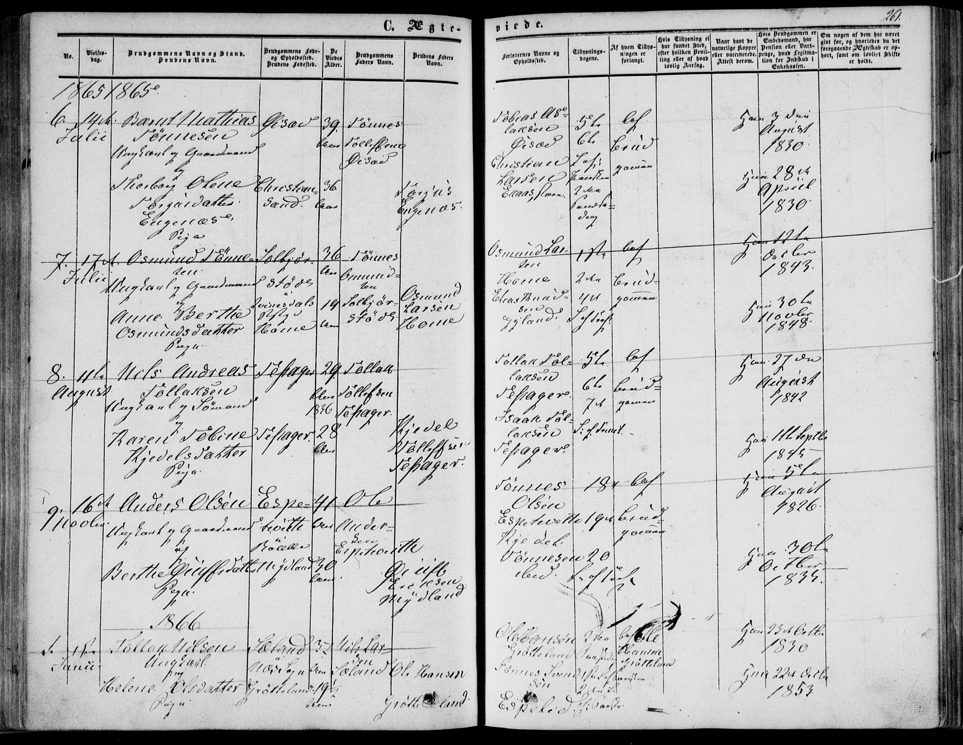Bakke sokneprestkontor, SAK/1111-0002/F/Fa/Fab/L0002: Parish register (official) no. A 2, 1855-1884, p. 261