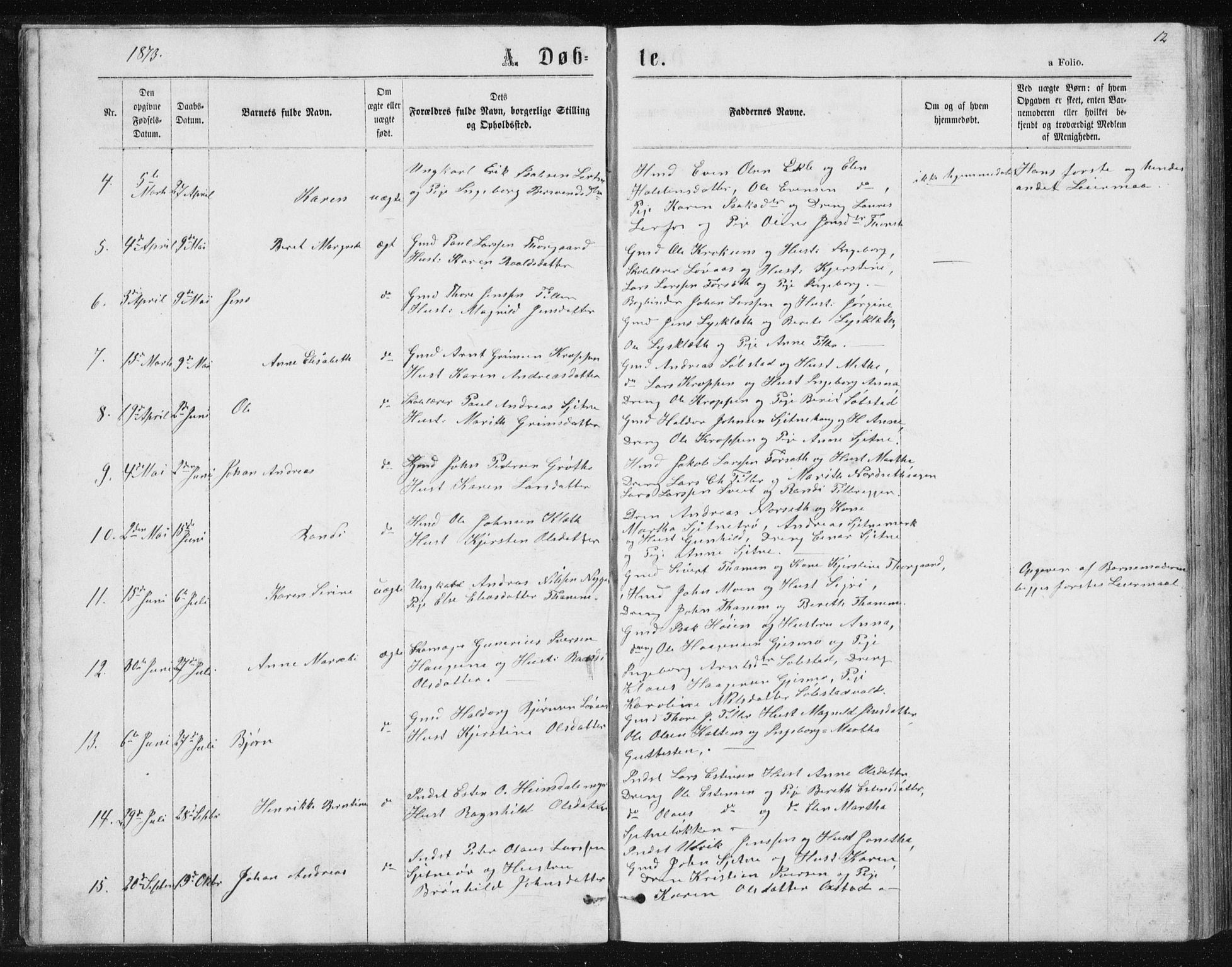 Ministerialprotokoller, klokkerbøker og fødselsregistre - Sør-Trøndelag, SAT/A-1456/621/L0459: Parish register (copy) no. 621C02, 1866-1895, p. 12