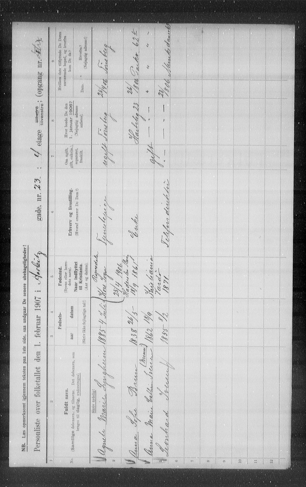 OBA, Municipal Census 1907 for Kristiania, 1907, p. 18069