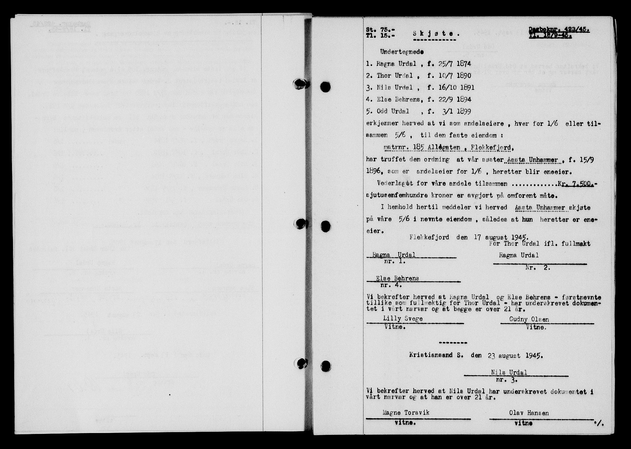 Flekkefjord sorenskriveri, AV/SAK-1221-0001/G/Gb/Gba/L0060: Mortgage book no. A-8, 1945-1946, Diary no: : 423/1945