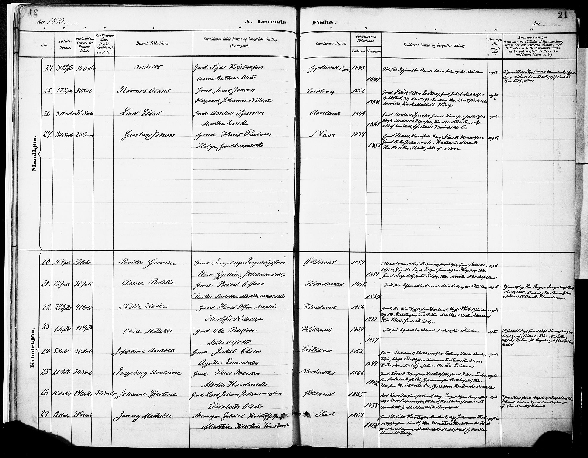 Tysnes sokneprestembete, AV/SAB-A-78601/H/Haa: Parish register (official) no. D 1, 1887-1904, p. 21