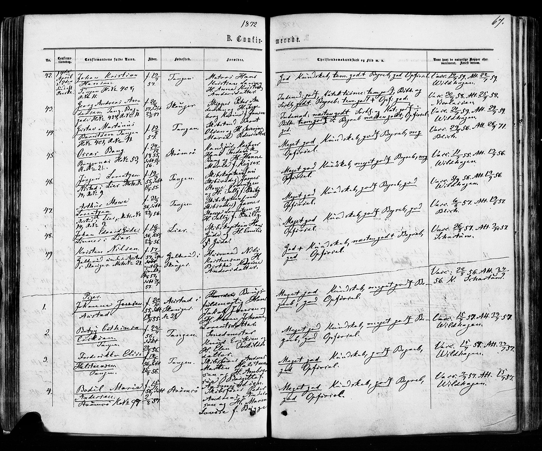 Strømsø kirkebøker, AV/SAKO-A-246/F/Fa/L0018: Parish register (official) no. I 18, 1865-1878, p. 67
