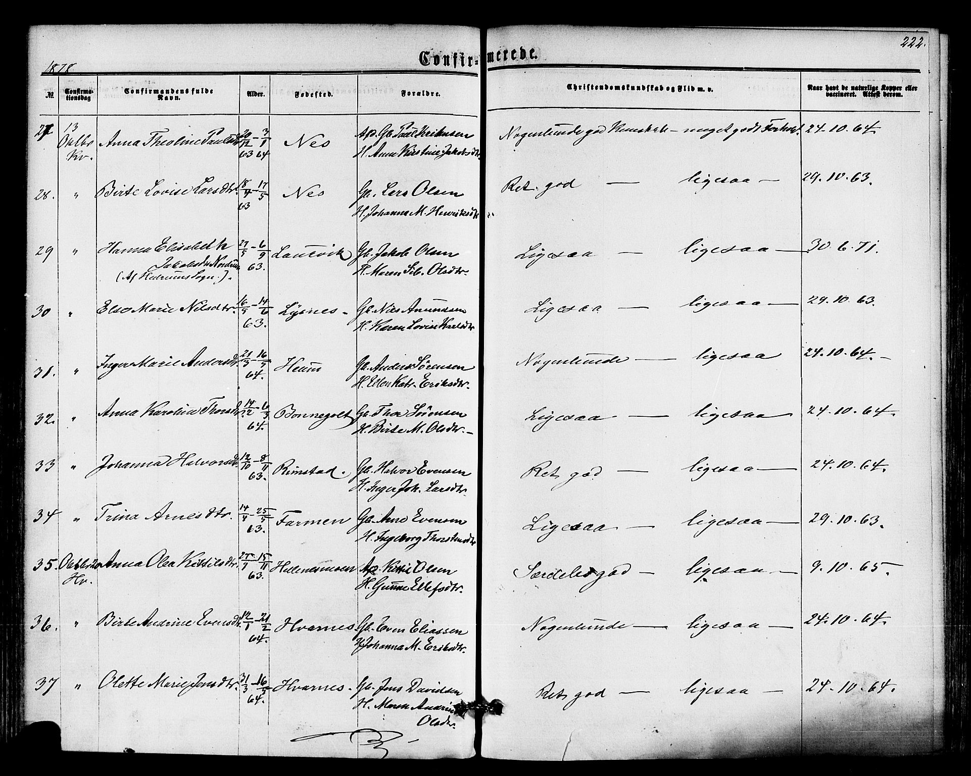 Hedrum kirkebøker, AV/SAKO-A-344/F/Fa/L0008: Parish register (official) no. I 8, 1869-1880, p. 222