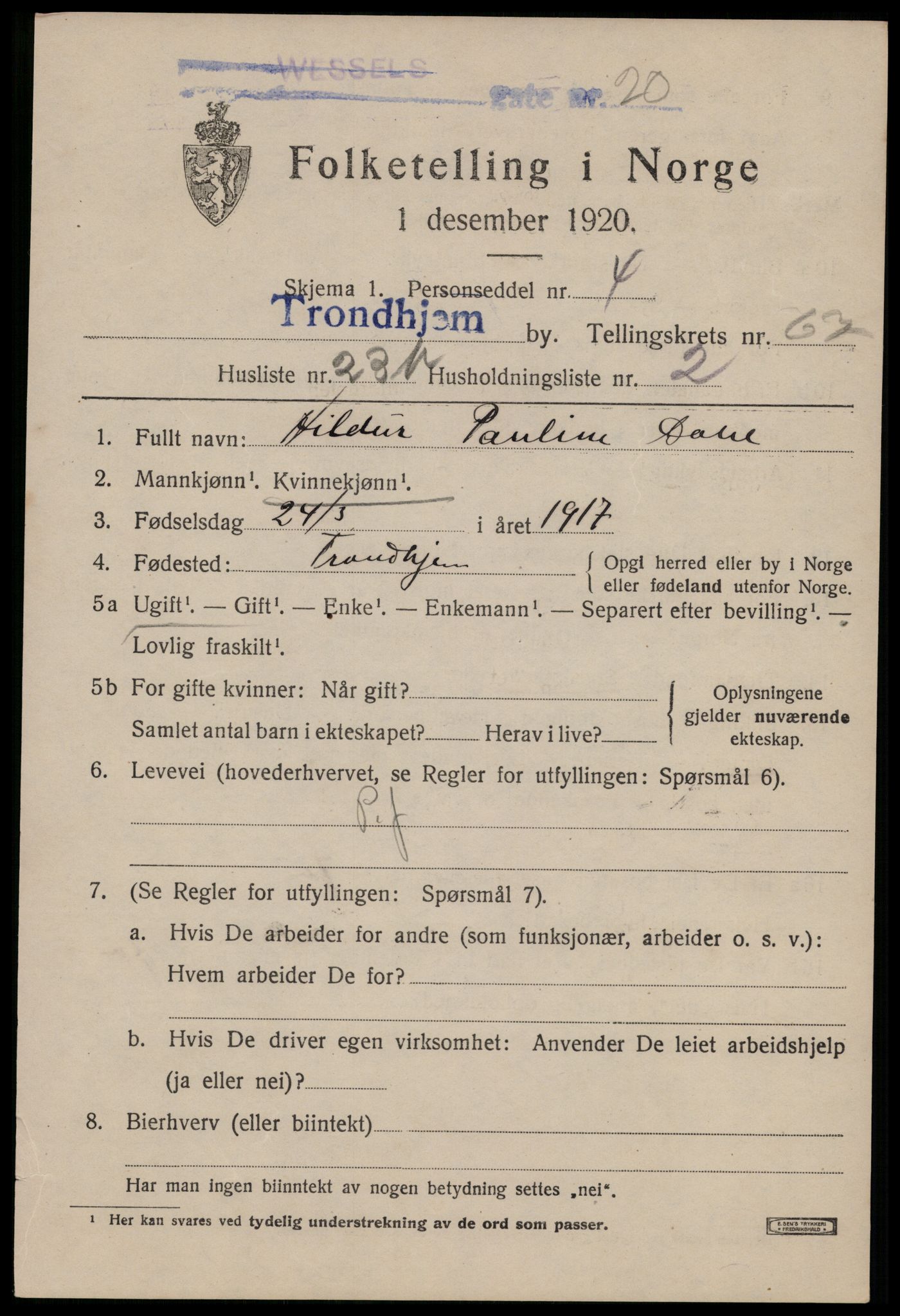 SAT, 1920 census for Trondheim, 1920, p. 133478