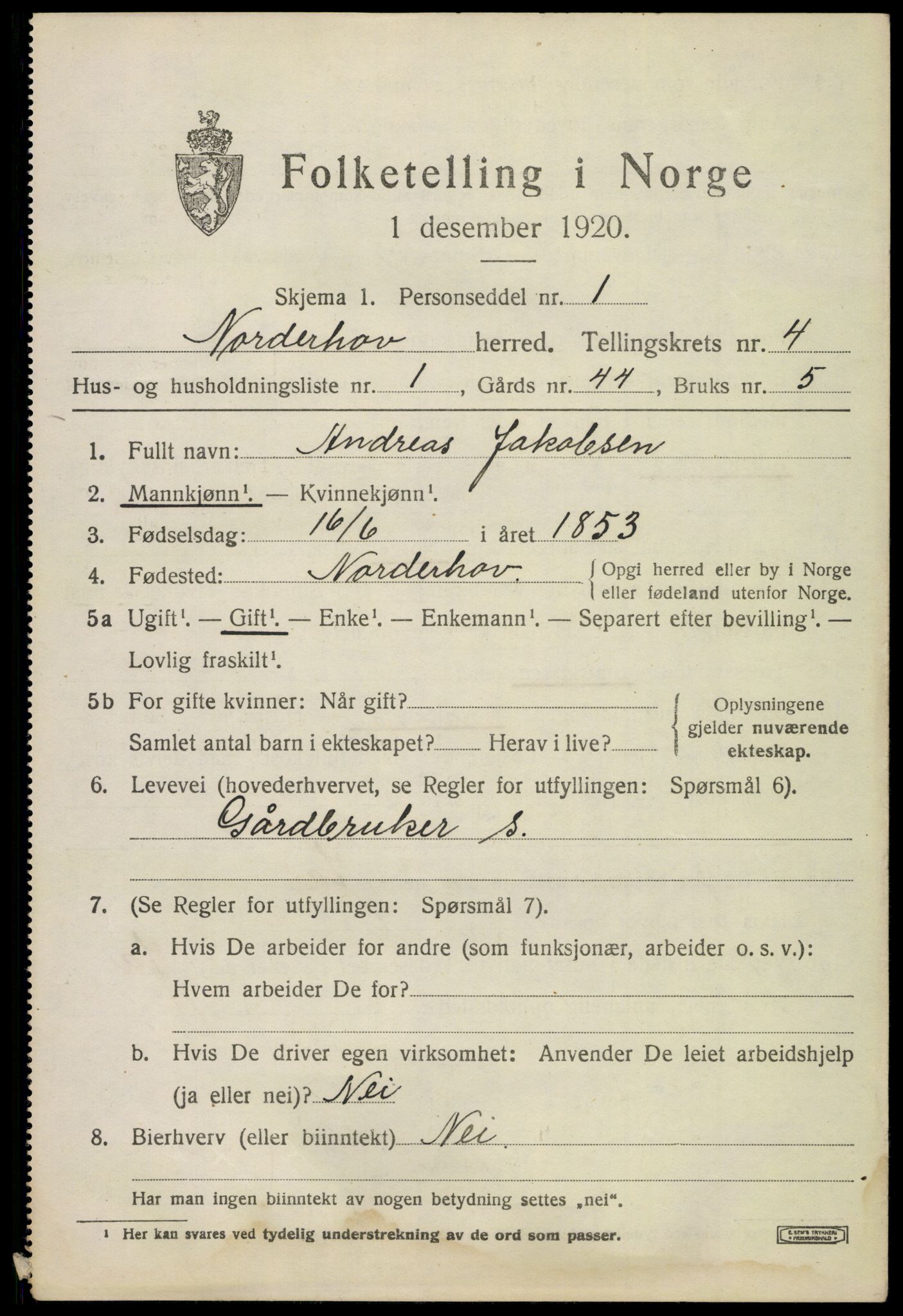 SAKO, 1920 census for Norderhov, 1920, p. 6203