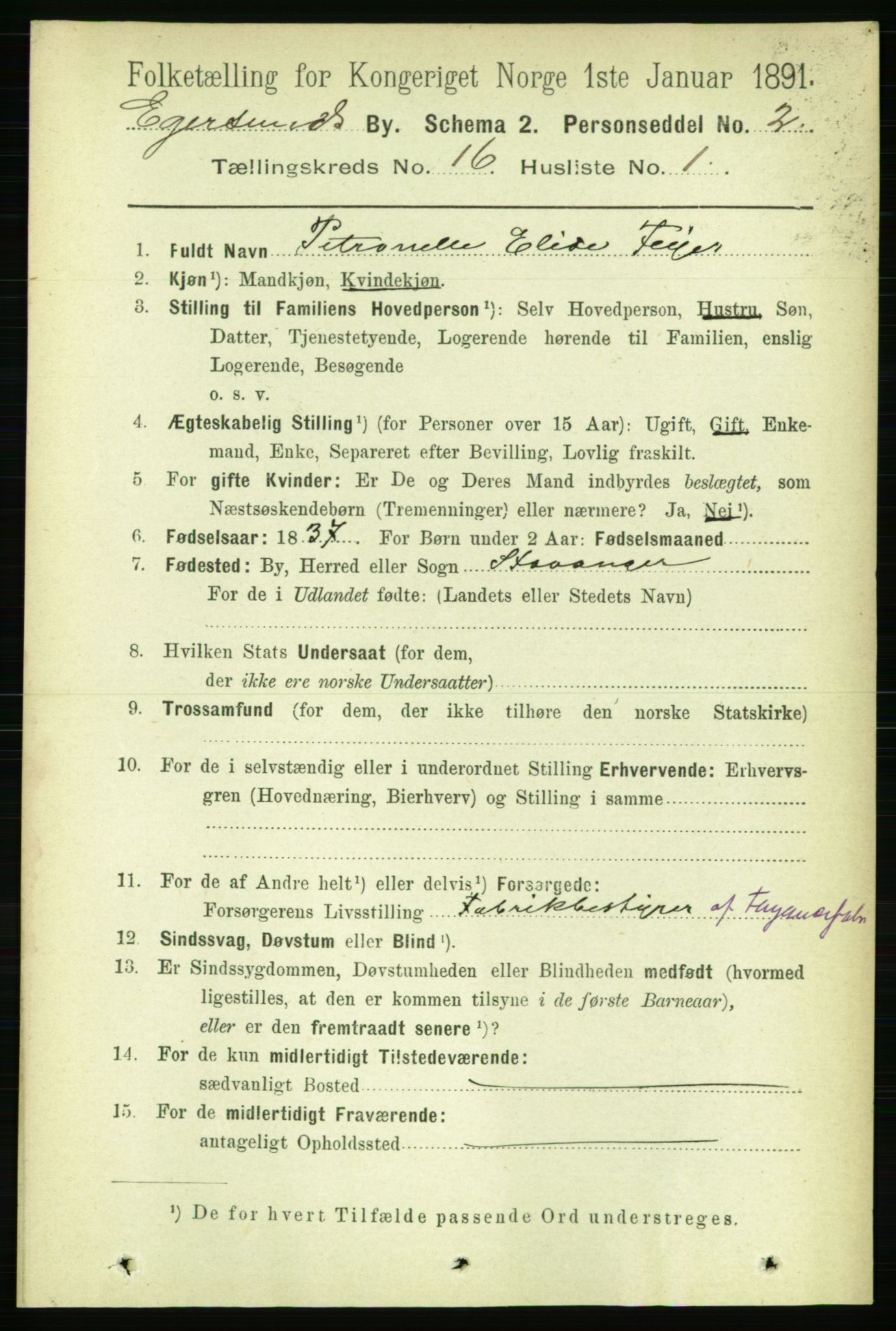 RA, 1891 census for 1101 Egersund, 1891, p. 2924