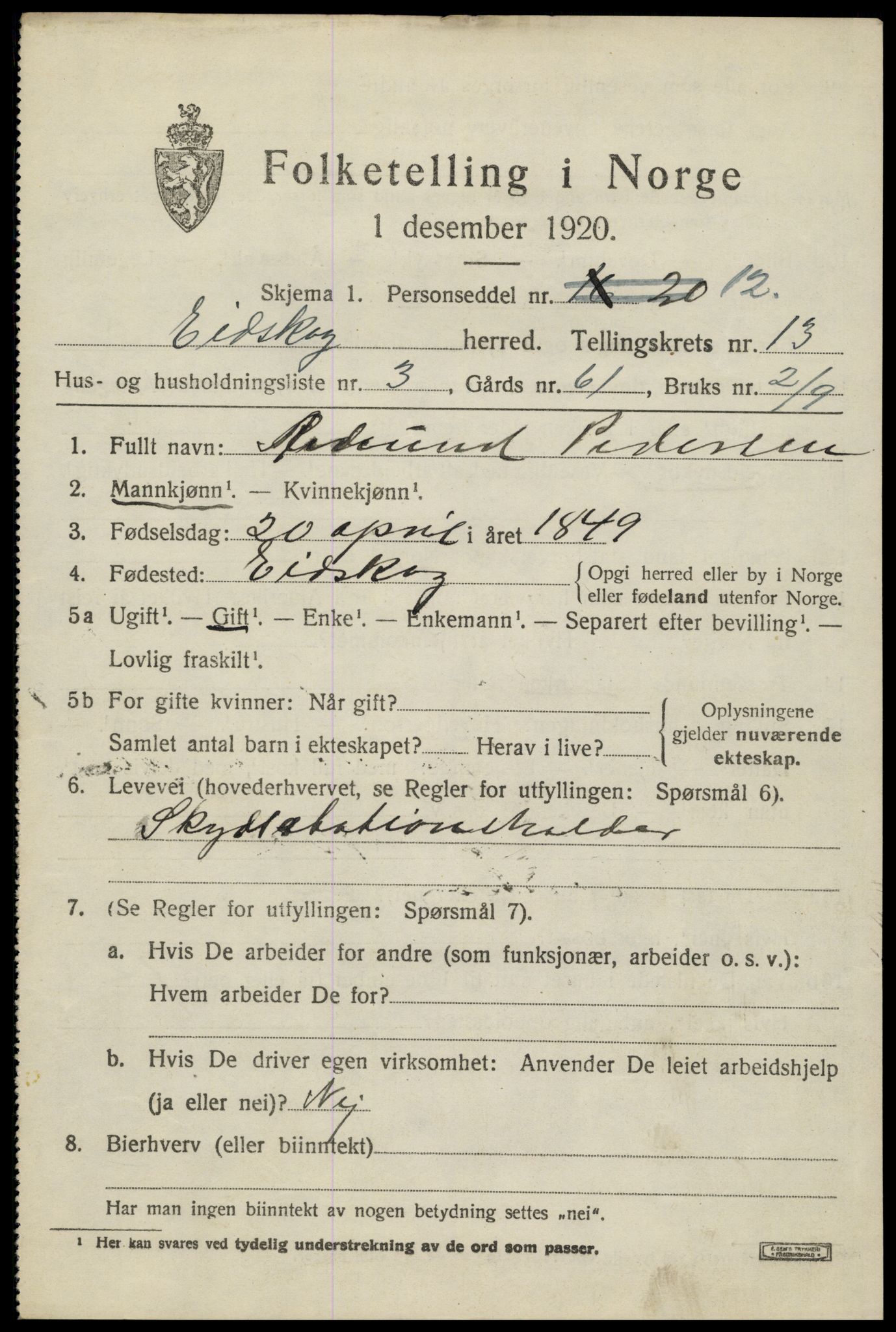 SAH, 1920 census for Eidskog, 1920, p. 12157