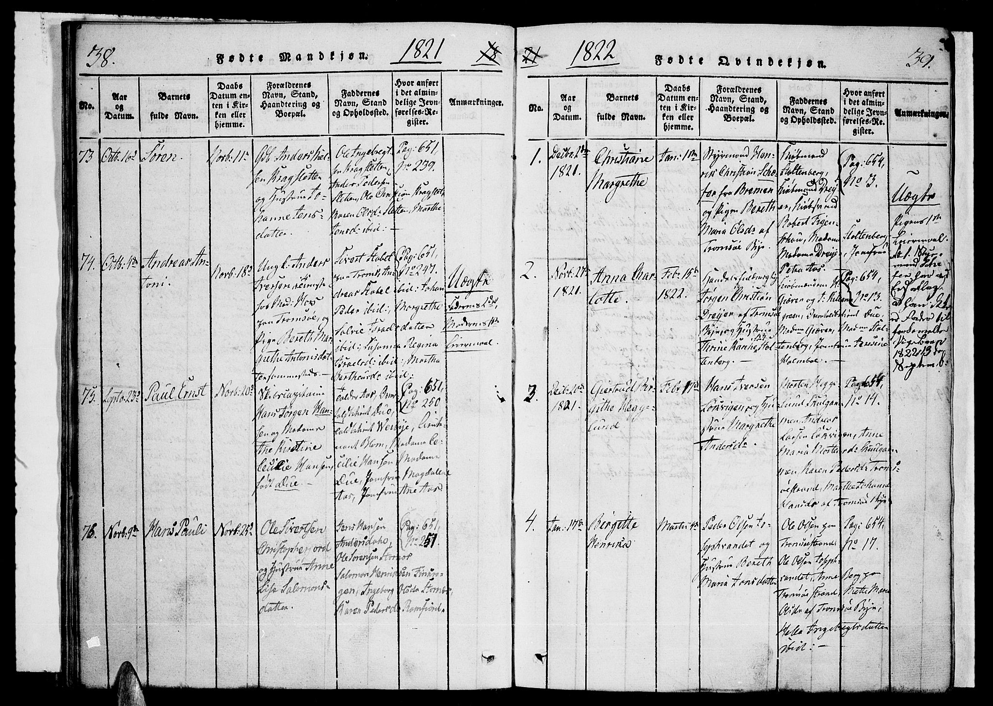 Tromsø sokneprestkontor/stiftsprosti/domprosti, SATØ/S-1343/G/Ga/L0007kirke: Parish register (official) no. 7, 1821-1828, p. 38-39