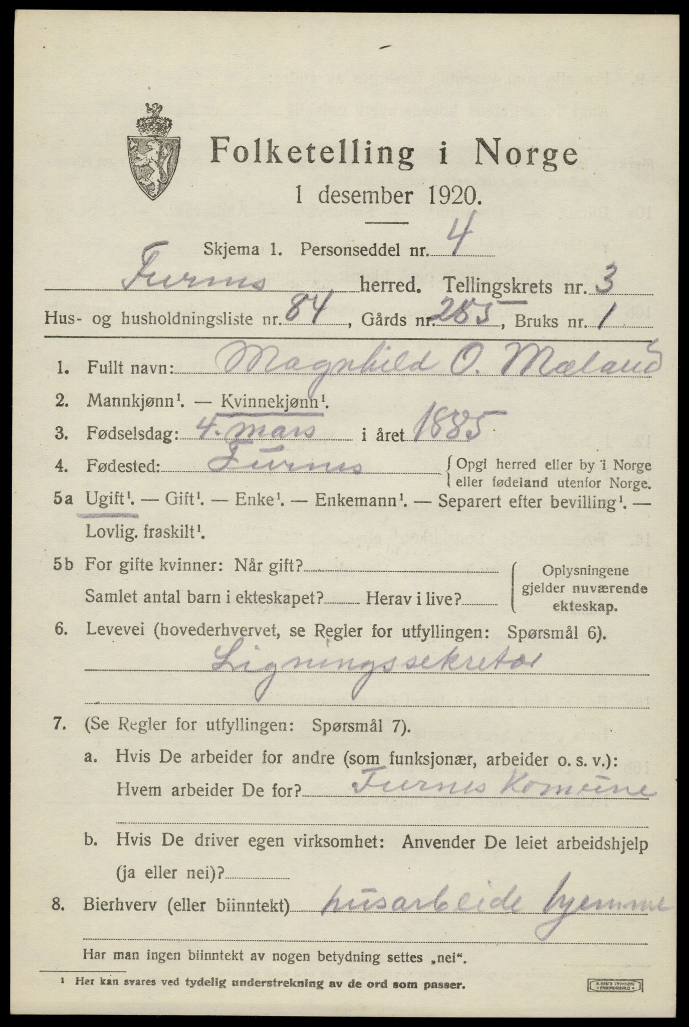 SAH, 1920 census for Furnes, 1920, p. 5653