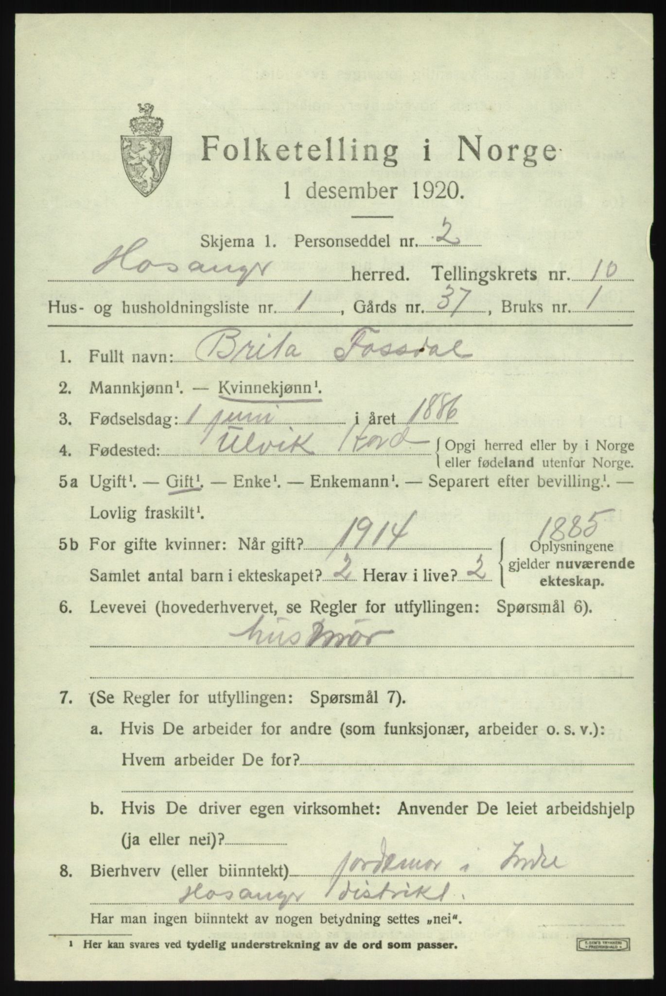 SAB, 1920 census for Hosanger, 1920, p. 4193