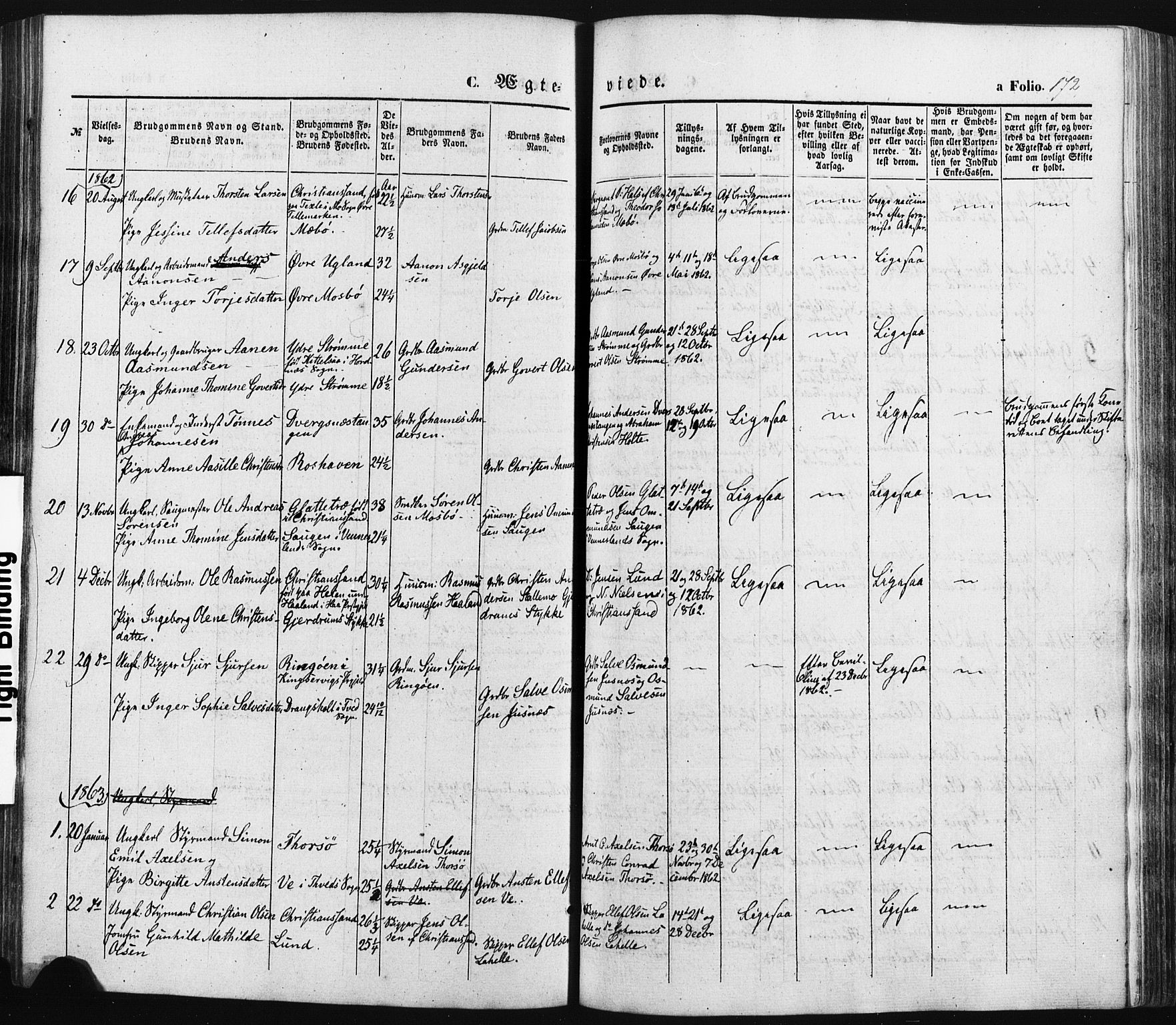 Oddernes sokneprestkontor, SAK/1111-0033/F/Fa/Faa/L0007: Parish register (official) no. A 7, 1851-1863, p. 172