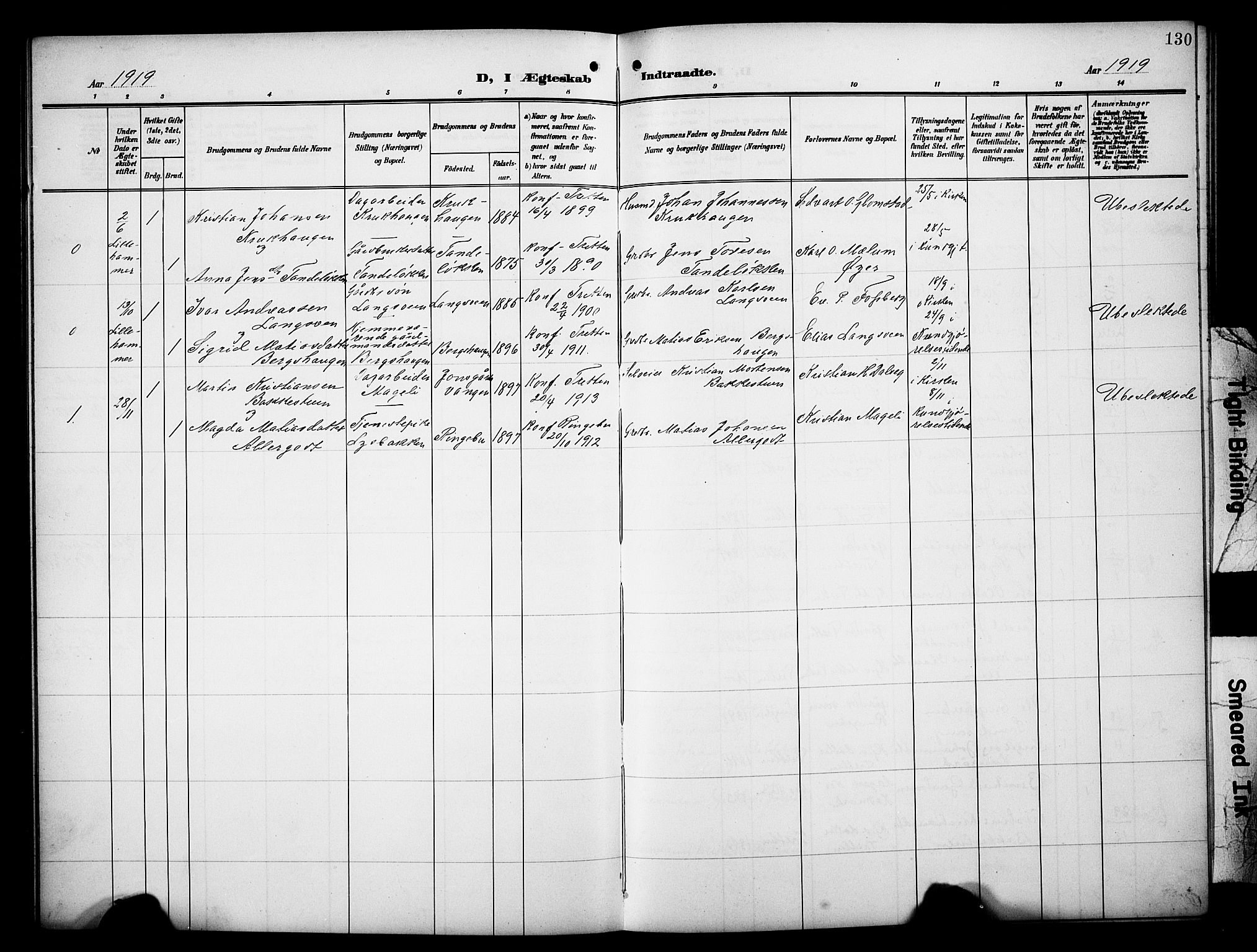 Øyer prestekontor, SAH/PREST-084/H/Ha/Hab/L0006: Parish register (copy) no. 6, 1906-1929, p. 130