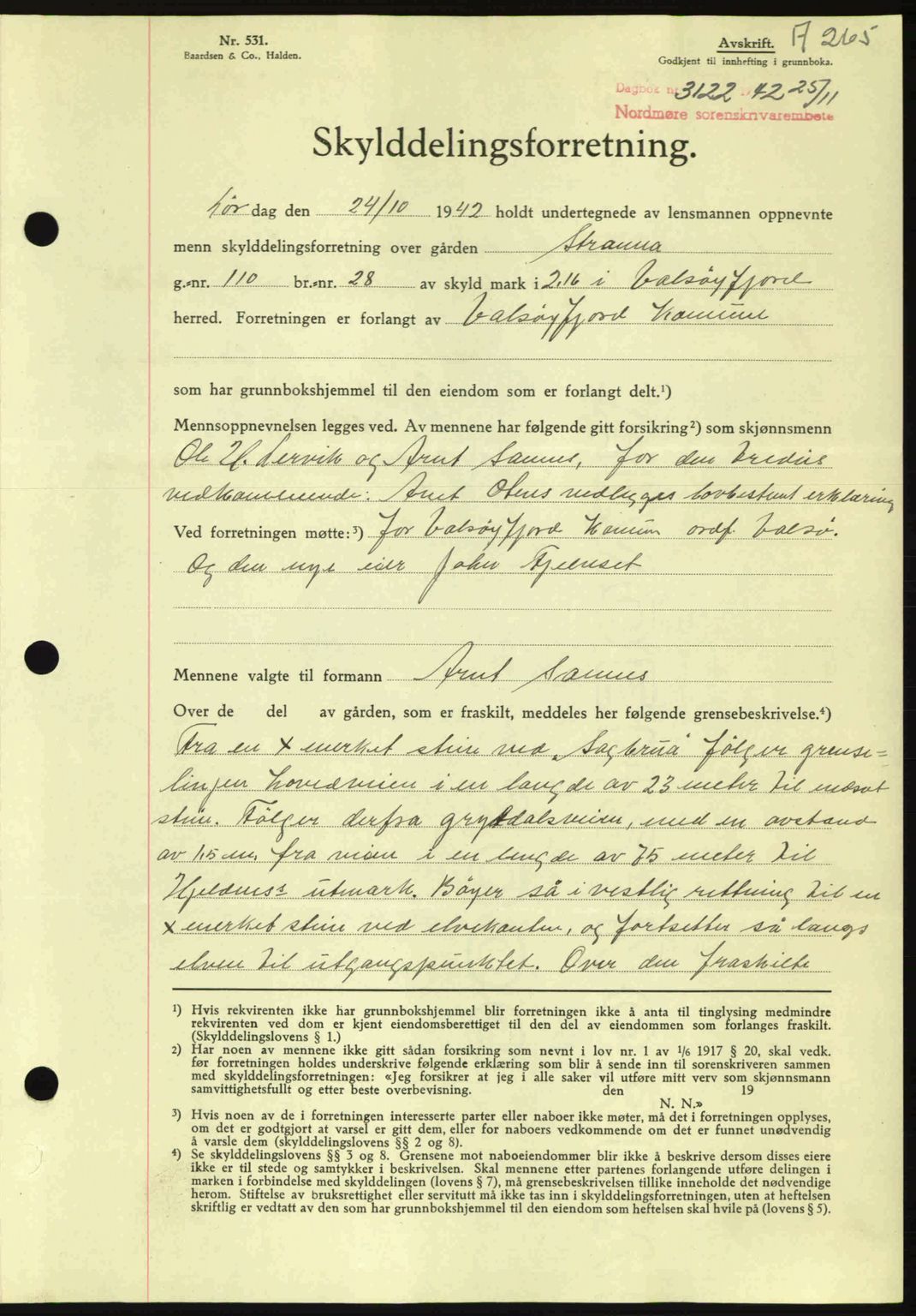 Nordmøre sorenskriveri, AV/SAT-A-4132/1/2/2Ca: Mortgage book no. A94, 1942-1943, Diary no: : 3122/1942
