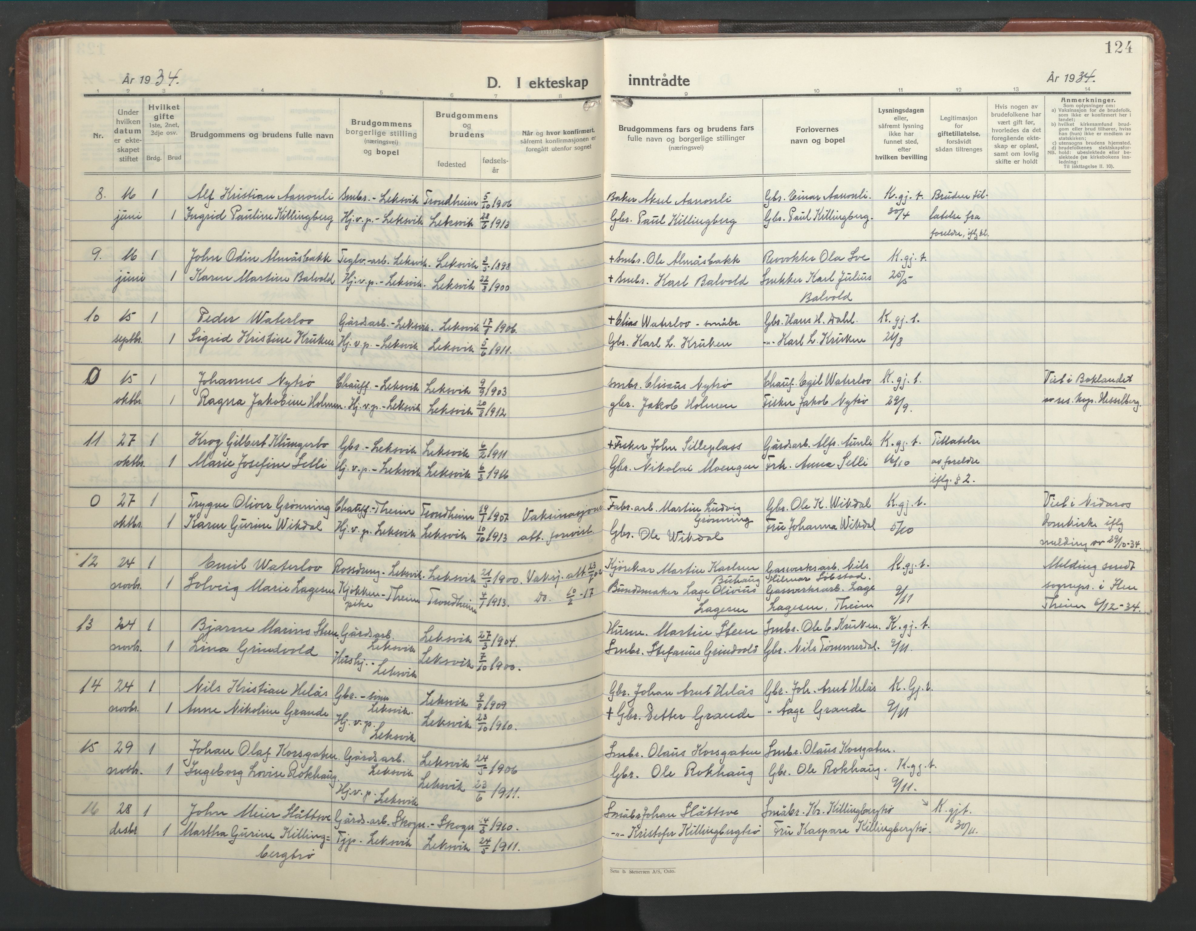 Ministerialprotokoller, klokkerbøker og fødselsregistre - Nord-Trøndelag, AV/SAT-A-1458/701/L0019: Parish register (copy) no. 701C03, 1930-1953, p. 124