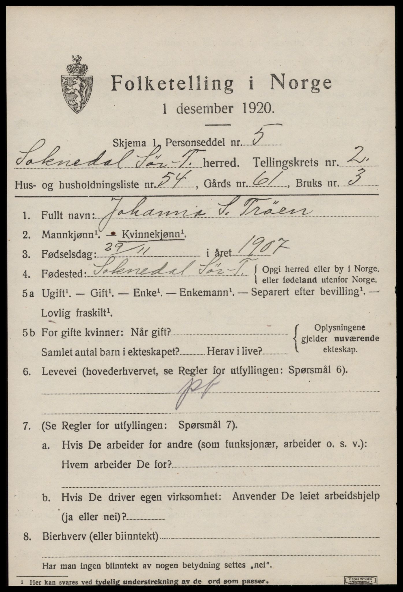 SAT, 1920 census for Soknedal, 1920, p. 1858