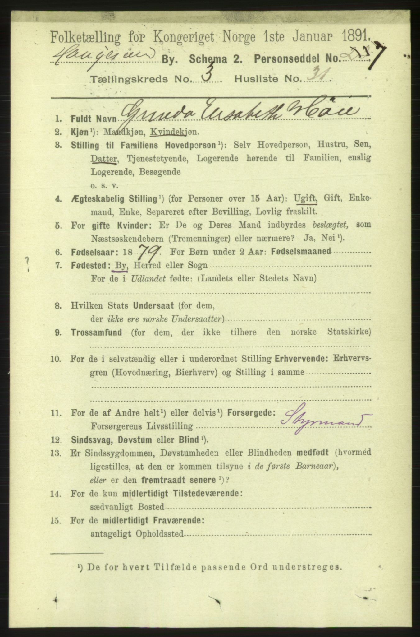 RA, 1891 census for 1106 Haugesund, 1891, p. 1143