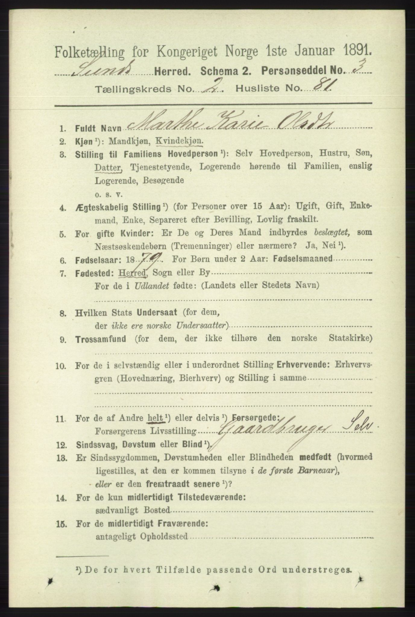 RA, 1891 census for 1245 Sund, 1891, p. 1111