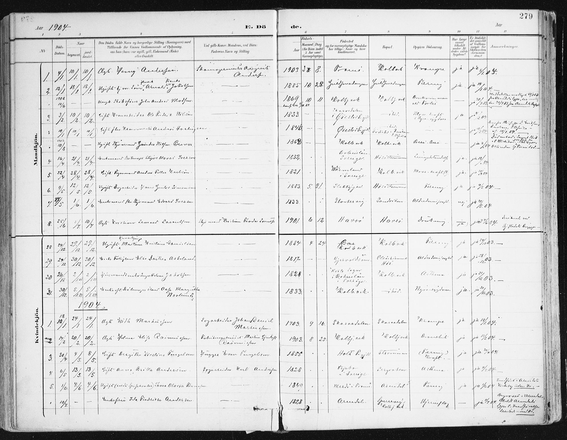 Hisøy sokneprestkontor, AV/SAK-1111-0020/F/Fa/L0004: Parish register (official) no. A 4, 1895-1917, p. 279