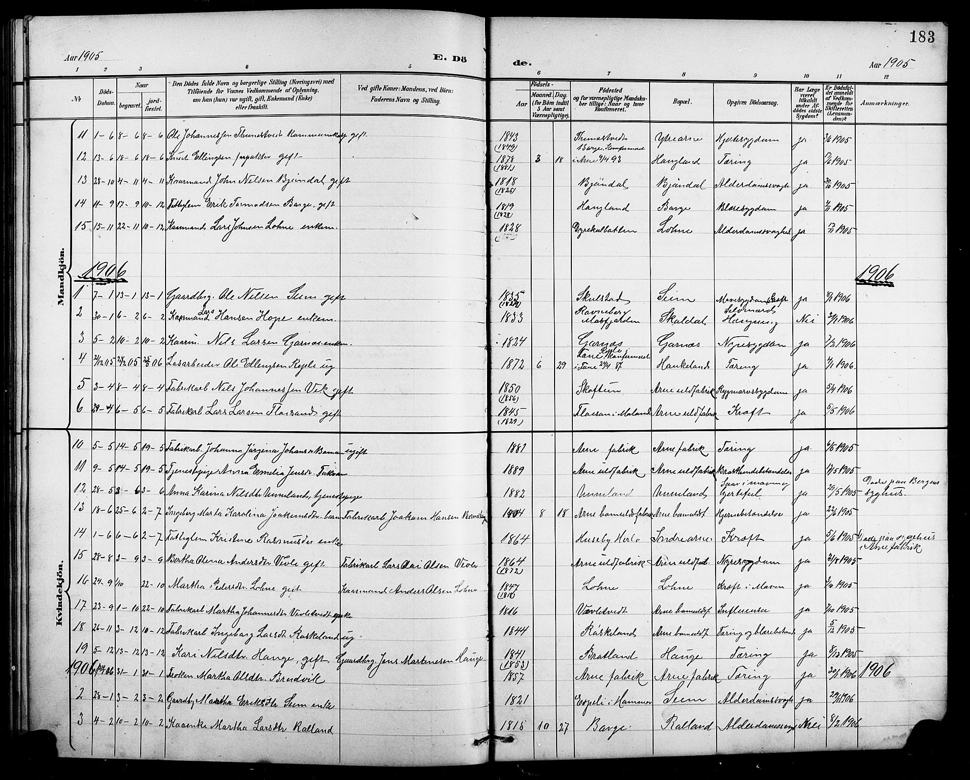 Arna Sokneprestembete, SAB/A-74001/H/Ha/Hab: Parish register (copy) no. A 4, 1898-1910, p. 183