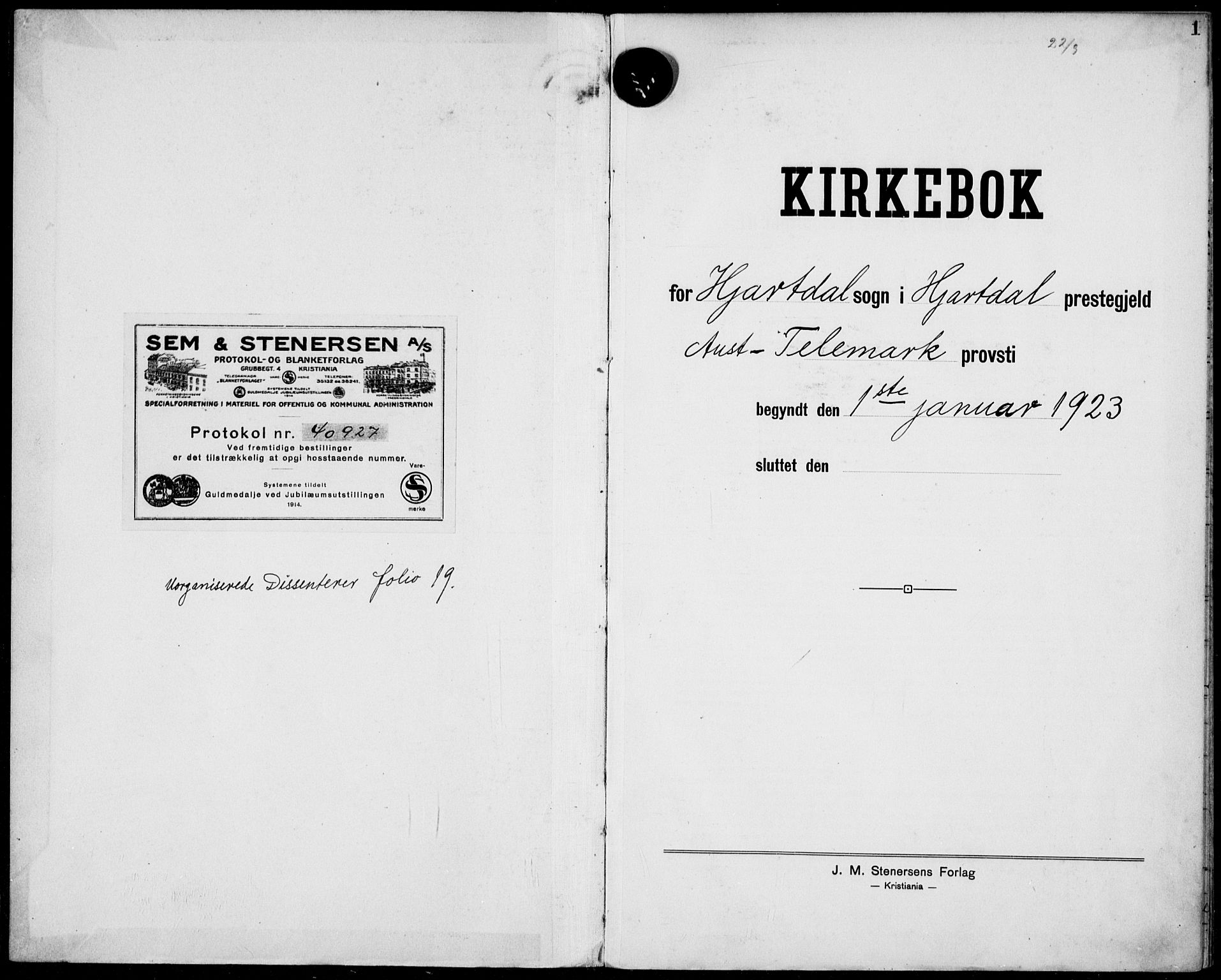 Hjartdal kirkebøker, AV/SAKO-A-270/F/Fa/L0012: Parish register (official) no. I 12, 1923-1930, p. 1