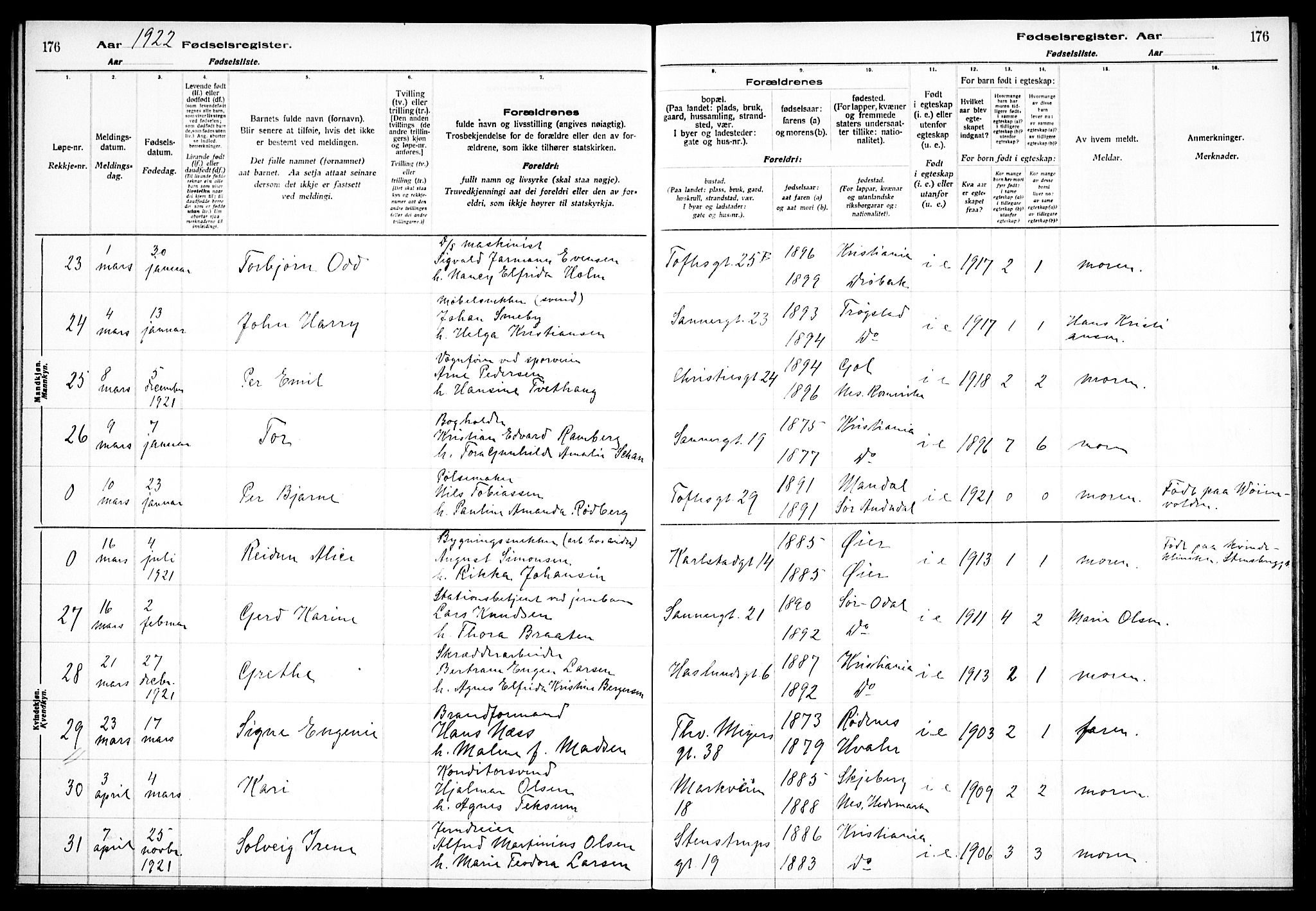 Paulus prestekontor Kirkebøker, AV/SAO-A-10871/J/Ja/L0001: Birth register no. 1, 1916-1923, p. 176