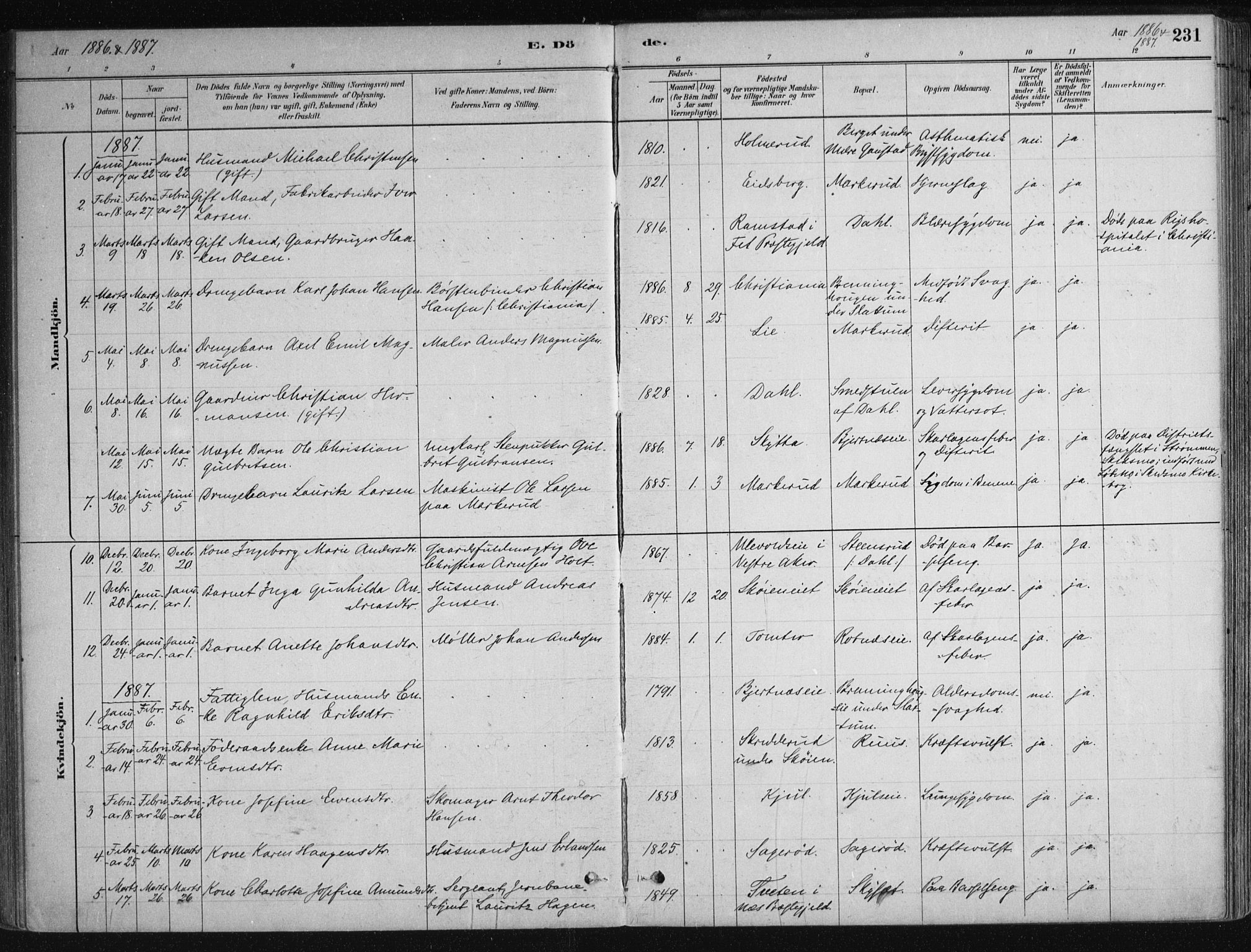 Nittedal prestekontor Kirkebøker, SAO/A-10365a/F/Fa/L0007: Parish register (official) no. I 7, 1879-1901, p. 231