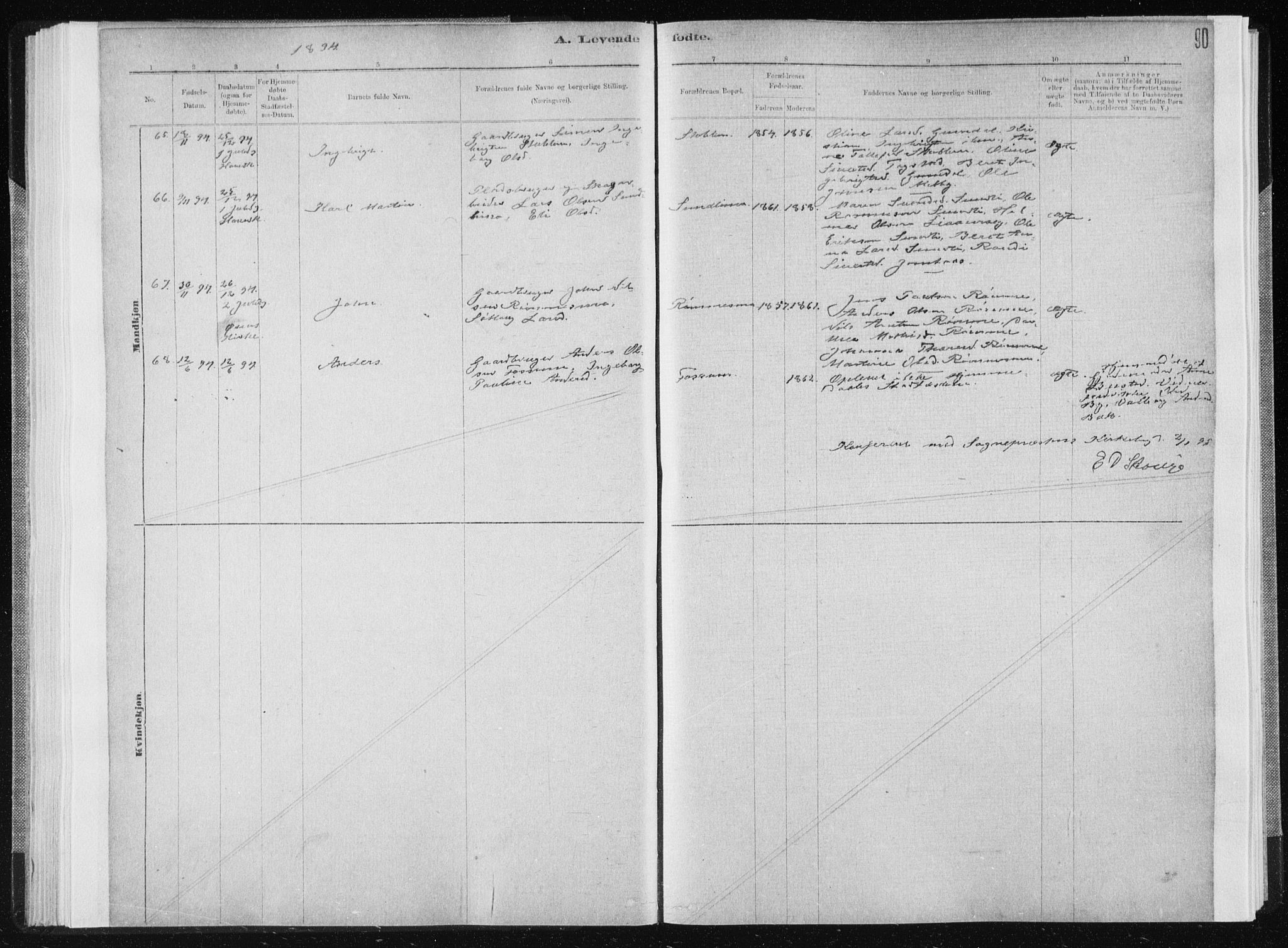 Ministerialprotokoller, klokkerbøker og fødselsregistre - Sør-Trøndelag, AV/SAT-A-1456/668/L0818: Parish register (copy) no. 668C07, 1885-1898, p. 90