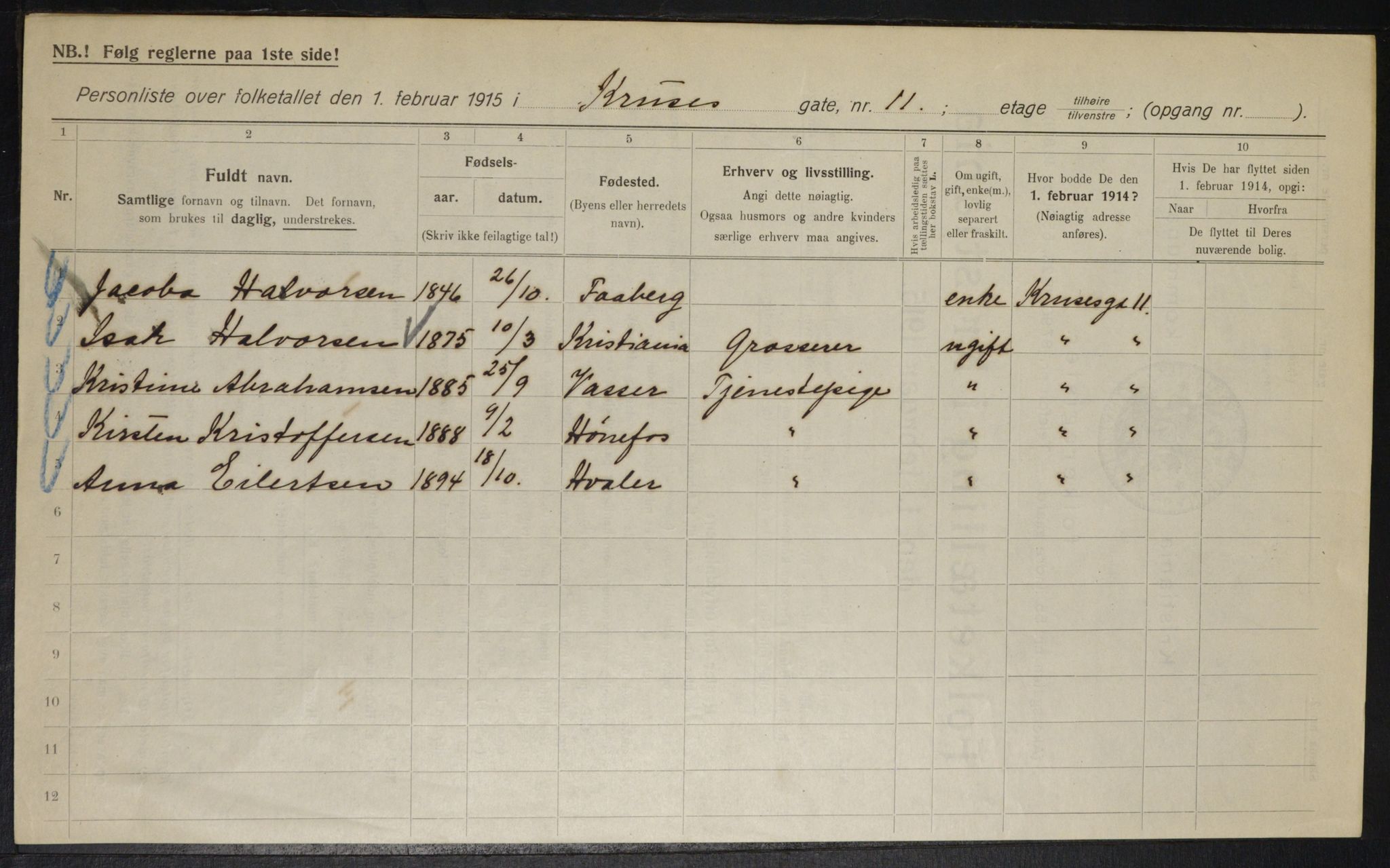 OBA, Municipal Census 1915 for Kristiania, 1915, p. 54485