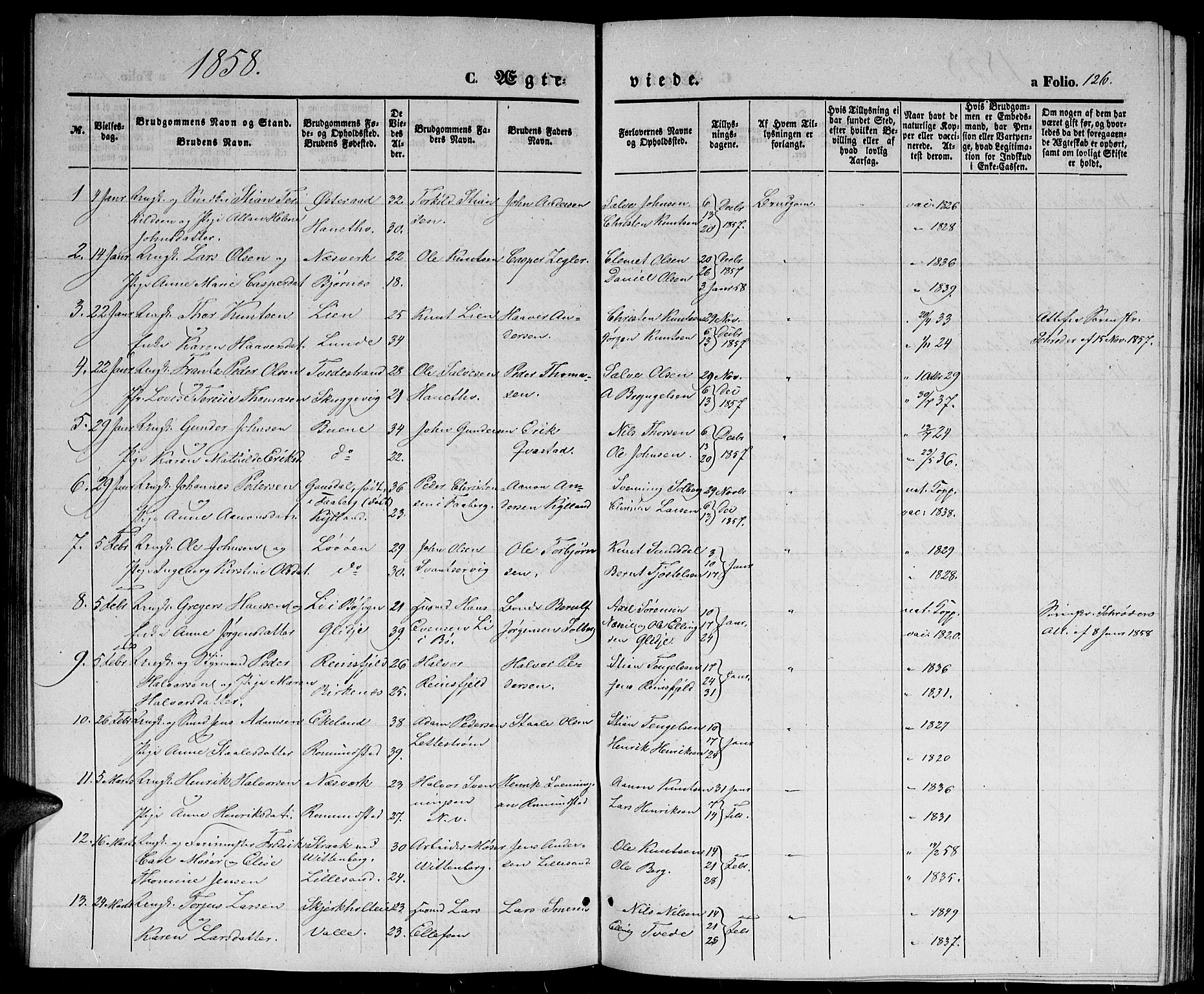 Holt sokneprestkontor, AV/SAK-1111-0021/F/Fb/L0007: Parish register (copy) no. B 7, 1849-1858, p. 126