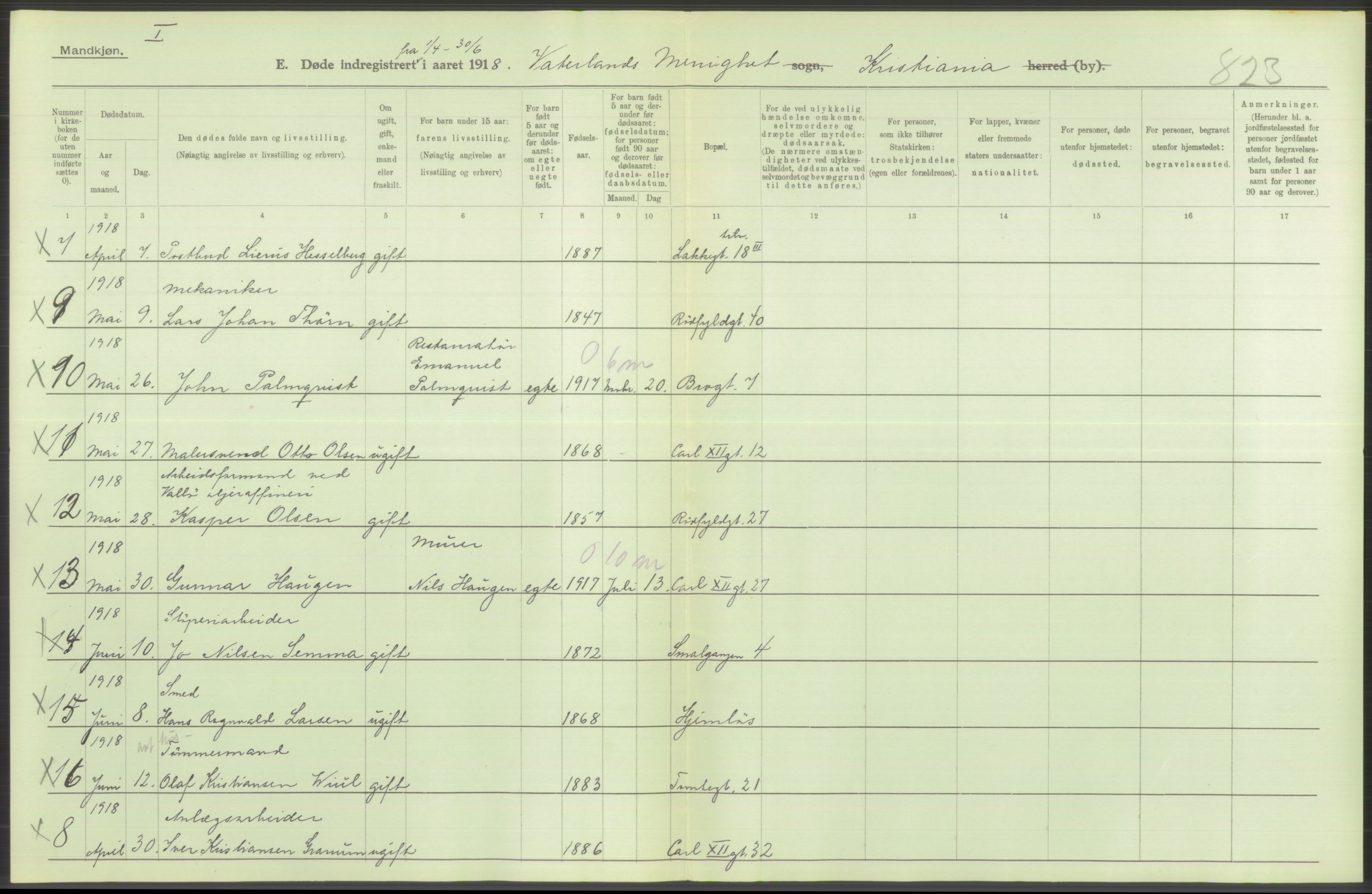 Statistisk sentralbyrå, Sosiodemografiske emner, Befolkning, AV/RA-S-2228/D/Df/Dfb/Dfbh/L0011: Kristiania: Døde, dødfødte, 1918, p. 8