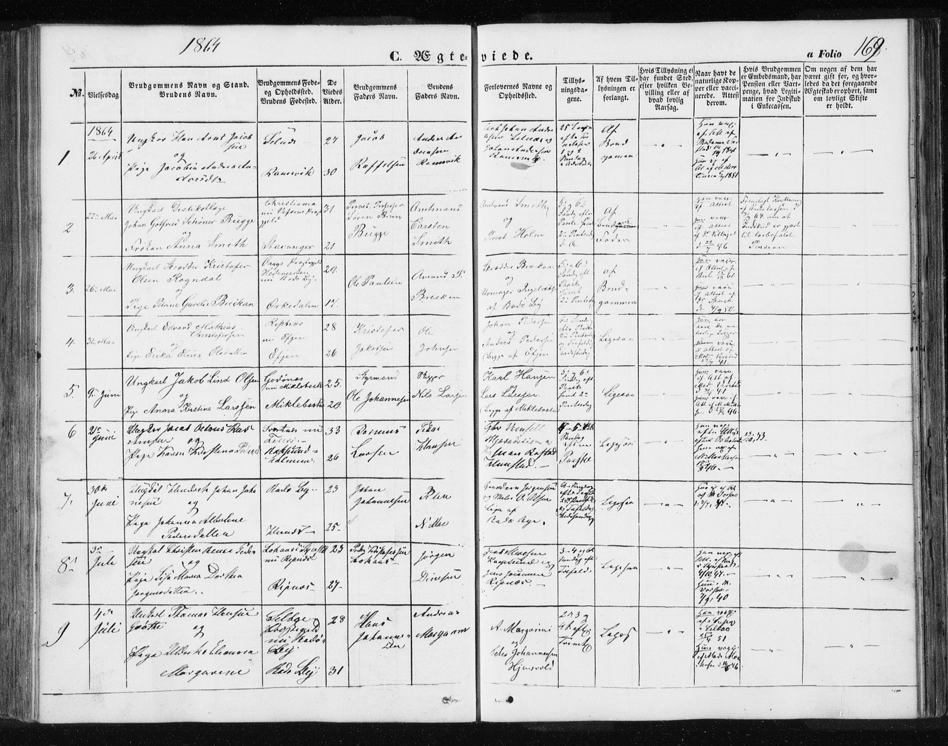 Ministerialprotokoller, klokkerbøker og fødselsregistre - Nordland, SAT/A-1459/801/L0028: Parish register (copy) no. 801C03, 1855-1867, p. 169