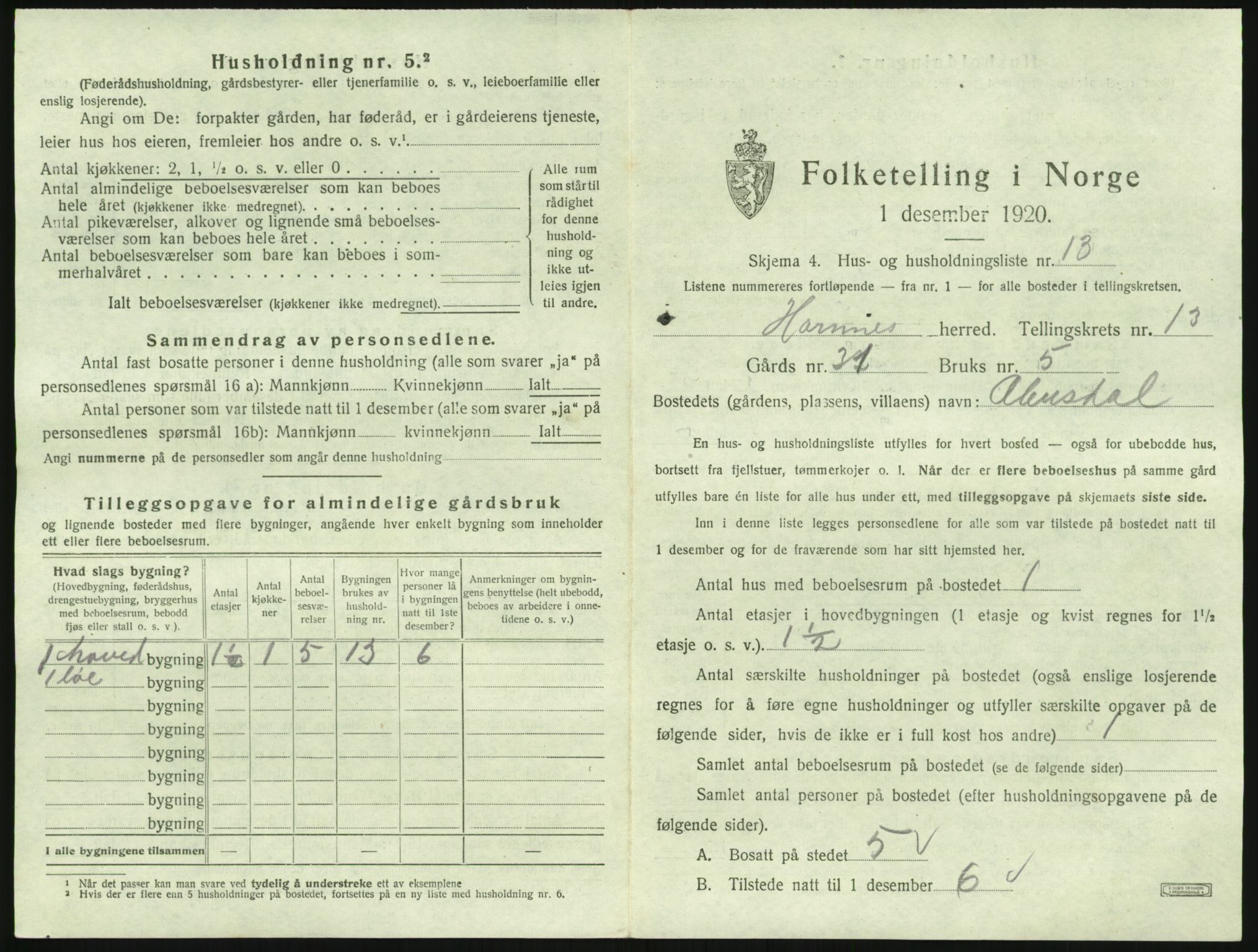 SAK, 1920 census for Hornnes, 1920, p. 529