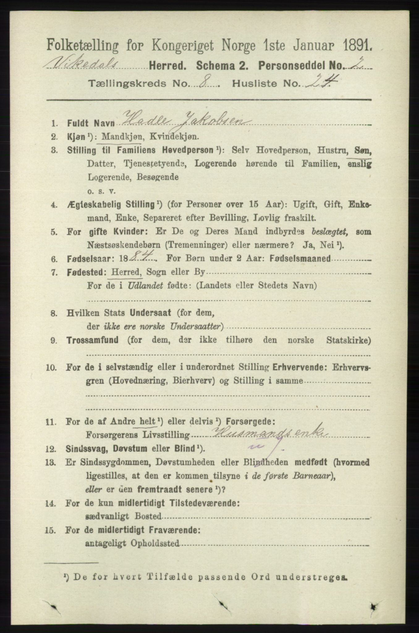 RA, 1891 census for 1157 Vikedal, 1891, p. 2335