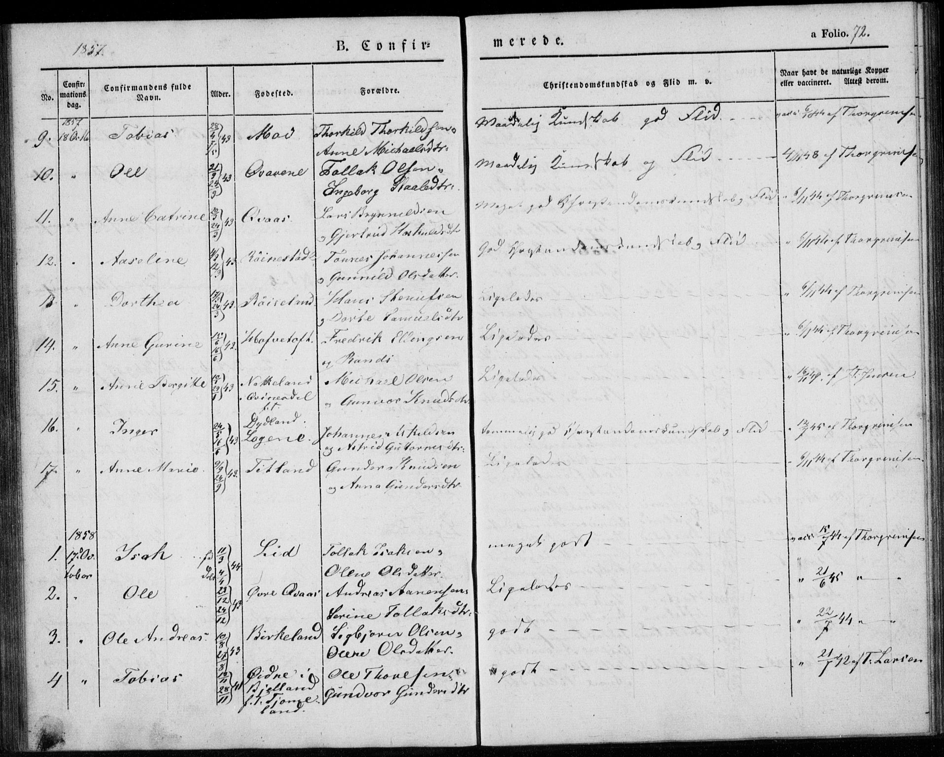 Lyngdal sokneprestkontor, SAK/1111-0029/F/Fa/Fab/L0001: Parish register (official) no. A 1, 1838-1860, p. 72