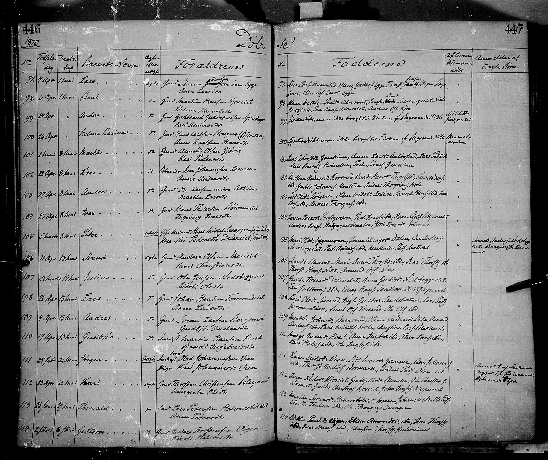 Gran prestekontor, AV/SAH-PREST-112/H/Ha/Haa/L0012: Parish register (official) no. 12, 1856-1874, p. 446-447