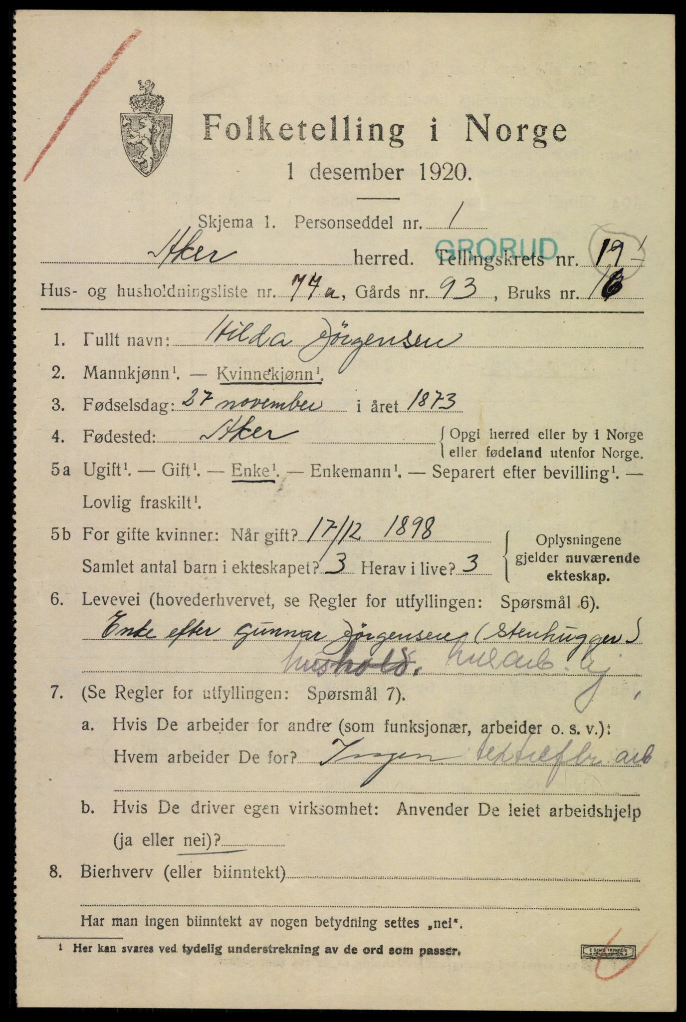 SAO, 1920 census for Aker, 1920, p. 121992