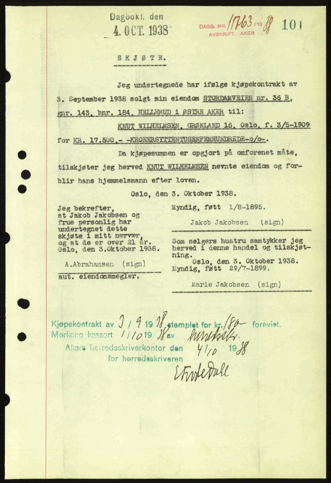 Aker herredsskriveri, SAO/A-10896/G/Gb/Gba/Gbab/L0025: Mortgage book no. A154-155, 1938-1938, Diary no: : 11763/1938