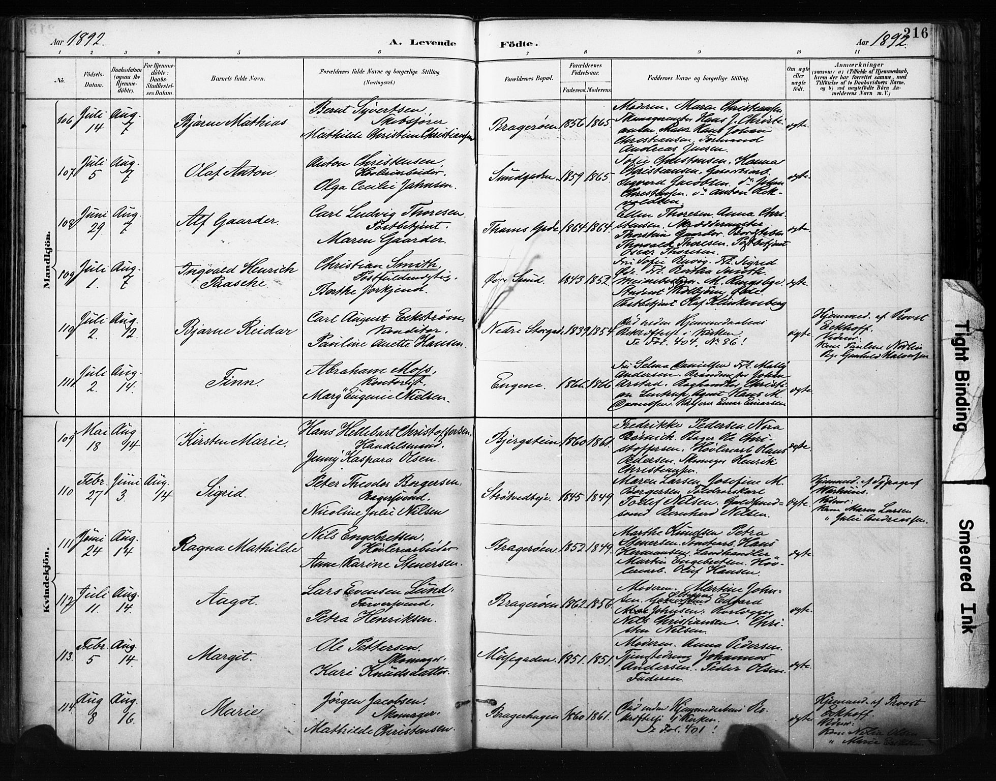 Bragernes kirkebøker, SAKO/A-6/F/Fb/L0007: Parish register (official) no. II 7, 1885-1893, p. 216