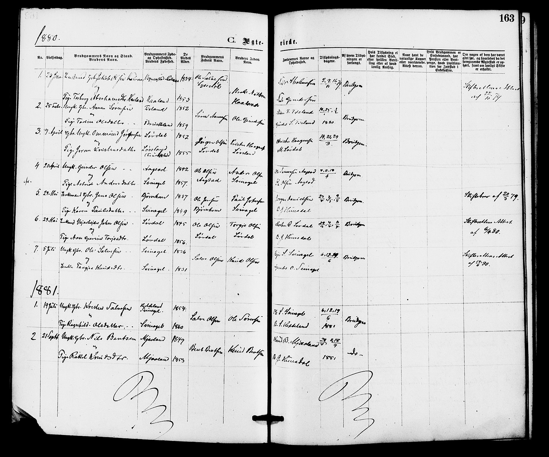 Holum sokneprestkontor, AV/SAK-1111-0022/F/Fa/Fab/L0006: Parish register (official) no. A 6, 1875-1886, p. 163