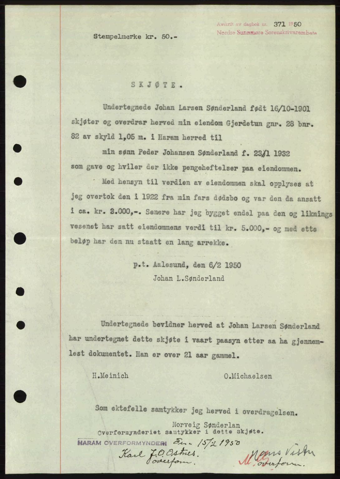 Nordre Sunnmøre sorenskriveri, AV/SAT-A-0006/1/2/2C/2Ca: Mortgage book no. A33, 1949-1950, Diary no: : 371/1950