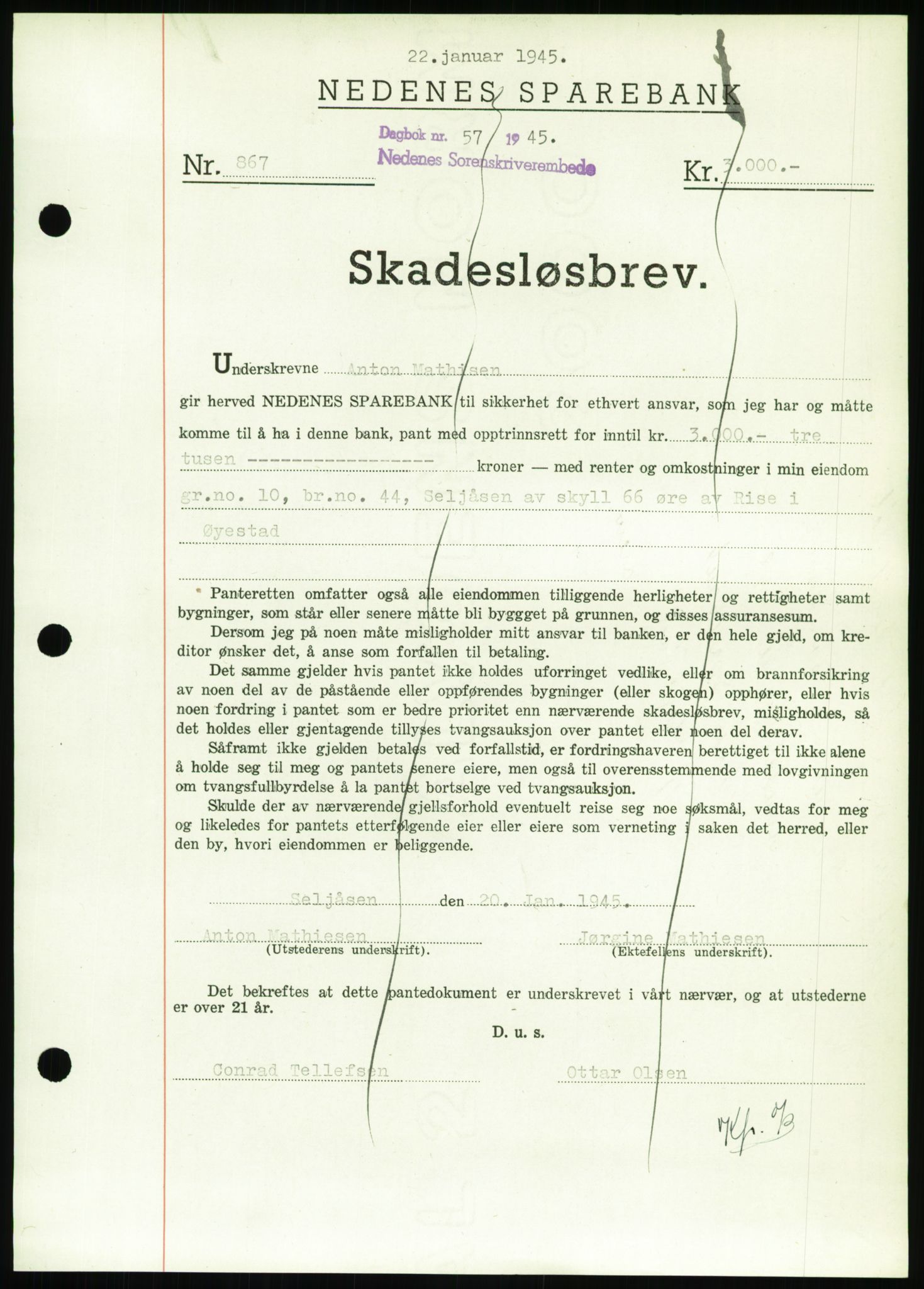 Nedenes sorenskriveri, AV/SAK-1221-0006/G/Gb/Gbb/L0002: Mortgage book no. II, 1942-1945, Diary no: : 57/1945