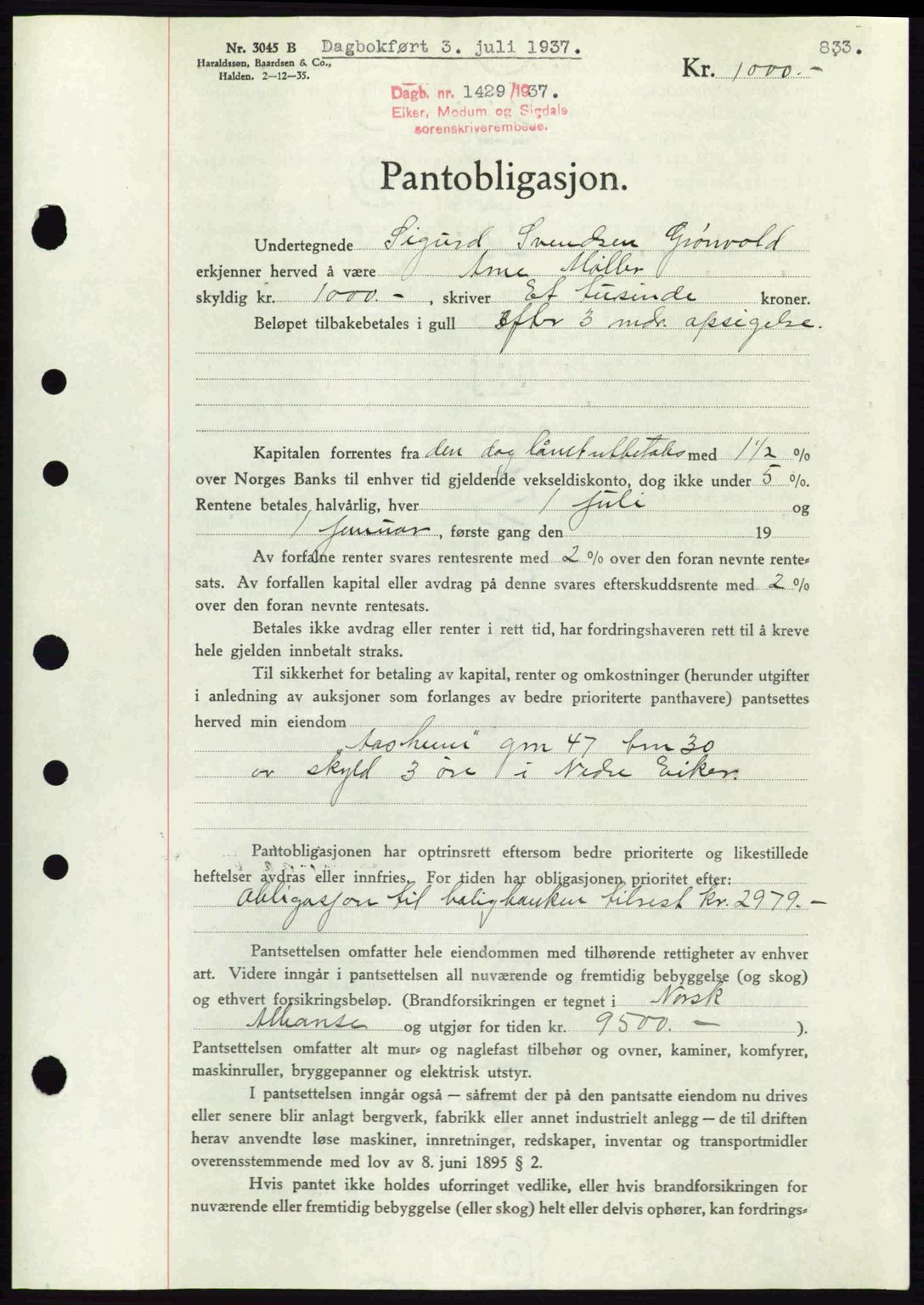 Eiker, Modum og Sigdal sorenskriveri, SAKO/A-123/G/Ga/Gab/L0035: Mortgage book no. A5, 1937-1937, Diary no: : 1429/1937