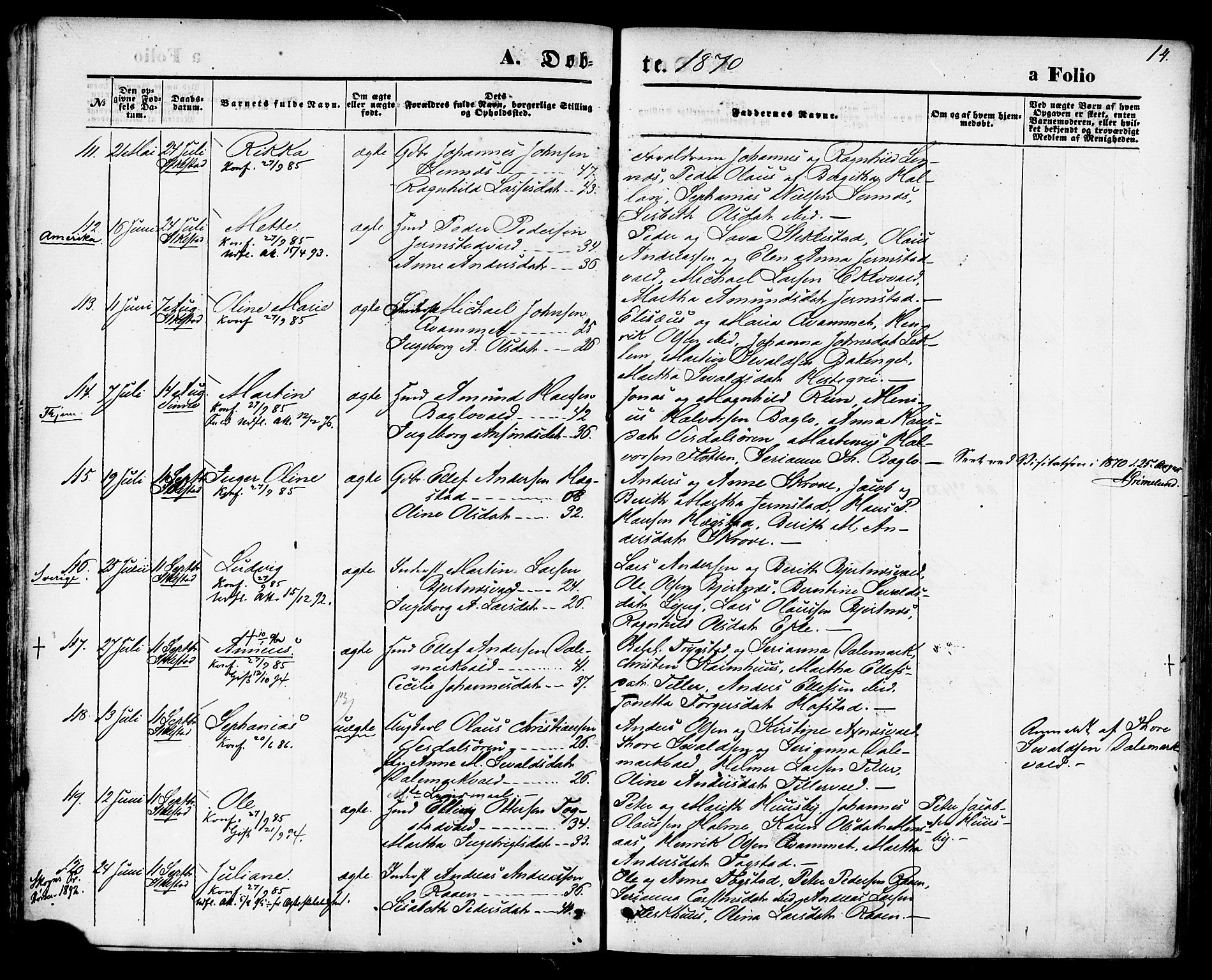 Ministerialprotokoller, klokkerbøker og fødselsregistre - Nord-Trøndelag, AV/SAT-A-1458/723/L0242: Parish register (official) no. 723A11, 1870-1880, p. 14