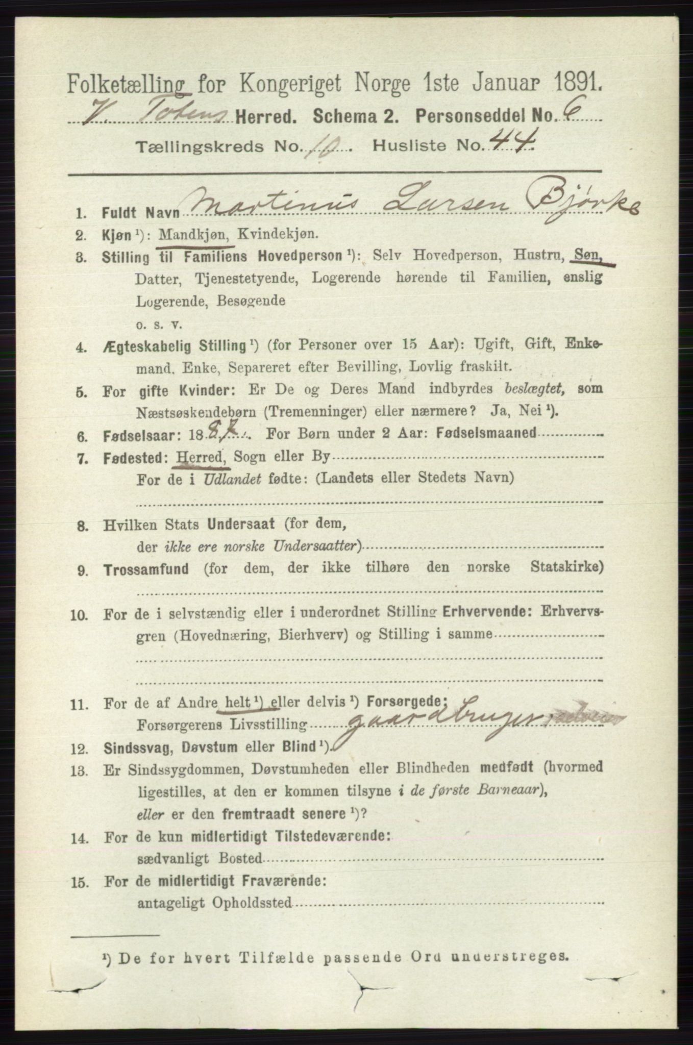 RA, 1891 census for 0529 Vestre Toten, 1891, p. 6459