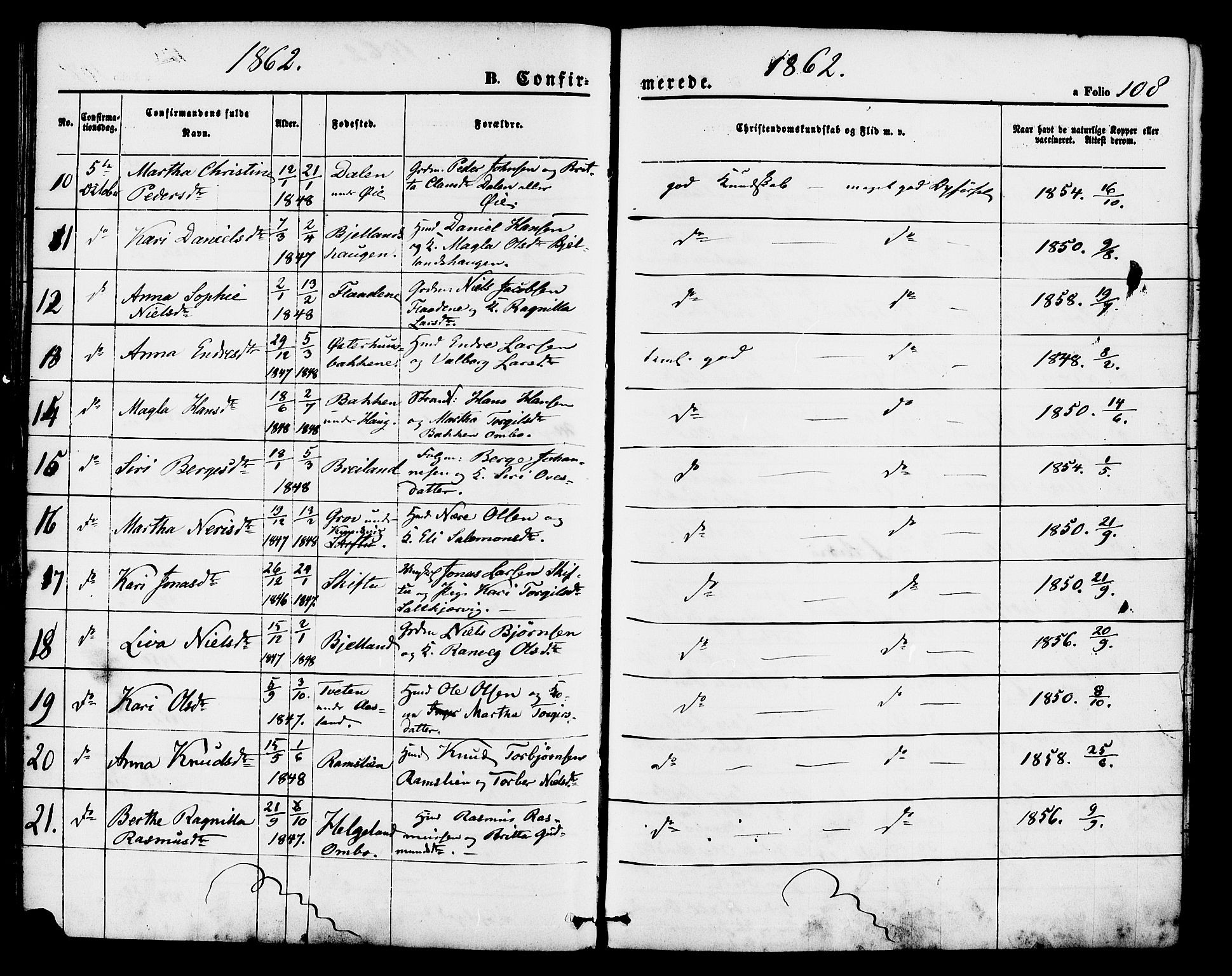 Hjelmeland sokneprestkontor, AV/SAST-A-101843/01/IV/L0011: Parish register (official) no. A 11, 1861-1878, p. 108