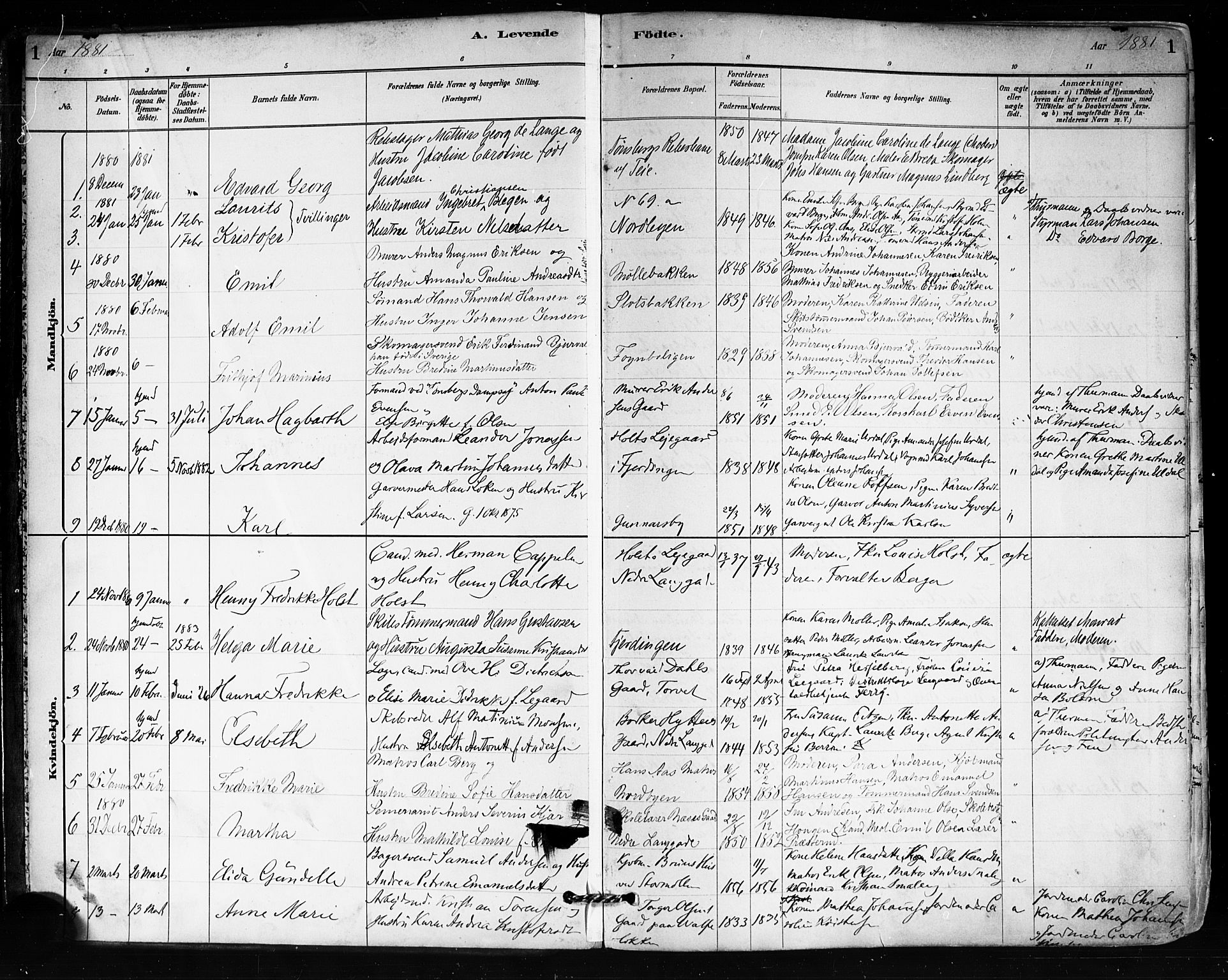 Tønsberg kirkebøker, SAKO/A-330/F/Fa/L0011: Parish register (official) no. I 11, 1881-1890, p. 1
